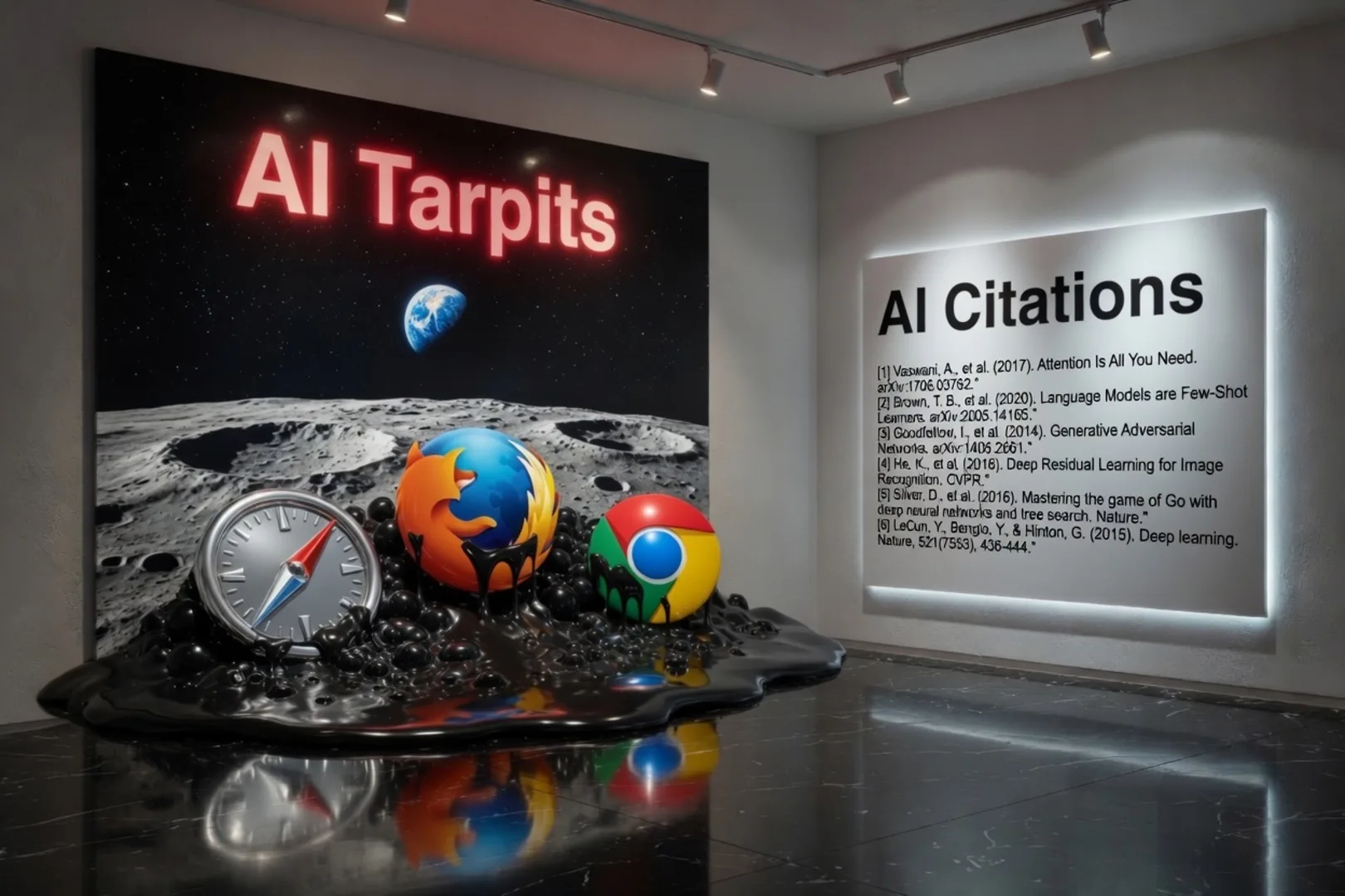 Gallery wall contrasting AI Tarpits with AI Citations, browser icons sinking into black tar beside a lit panel of citations