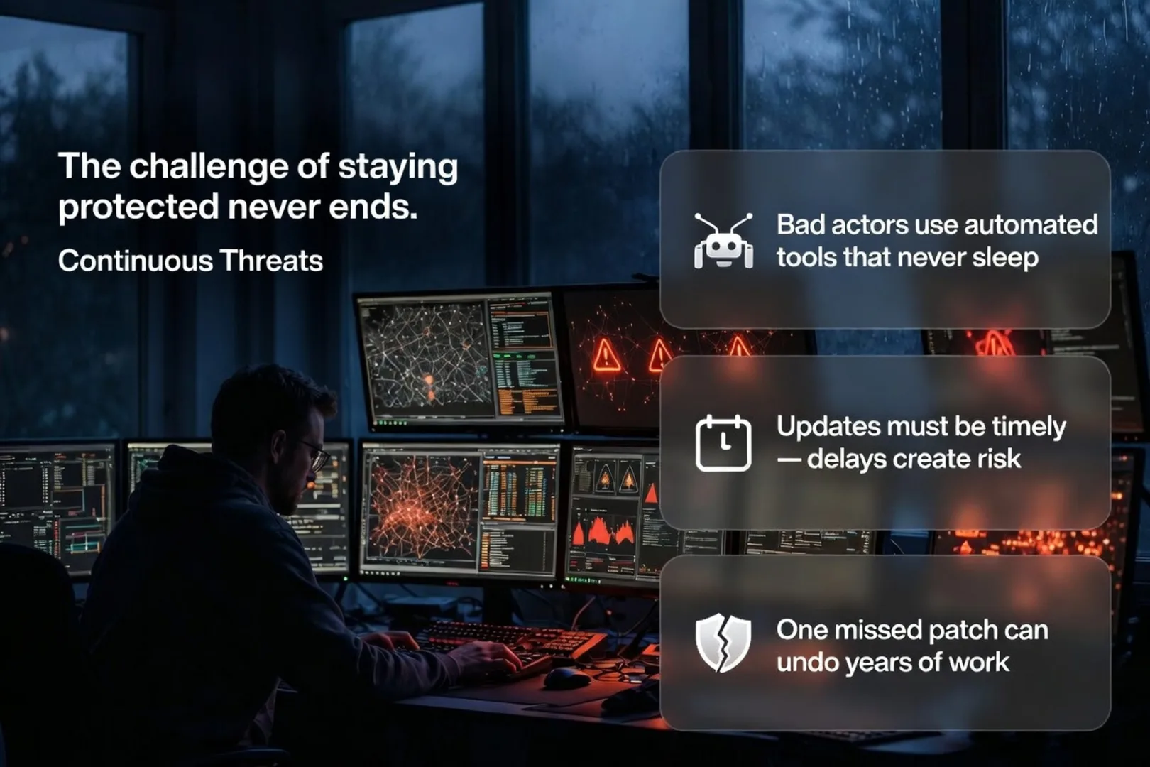 Stressed SOC analyst looking at a computer screen showing security alerts and monitoring dashboards