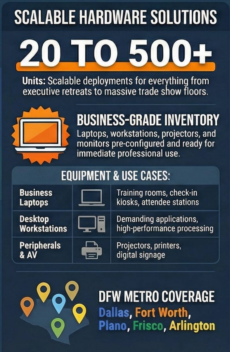Scalable hardware solutions: 20 to 500+ units including laptops, desktops, projectors, and monitors across the DFW metro