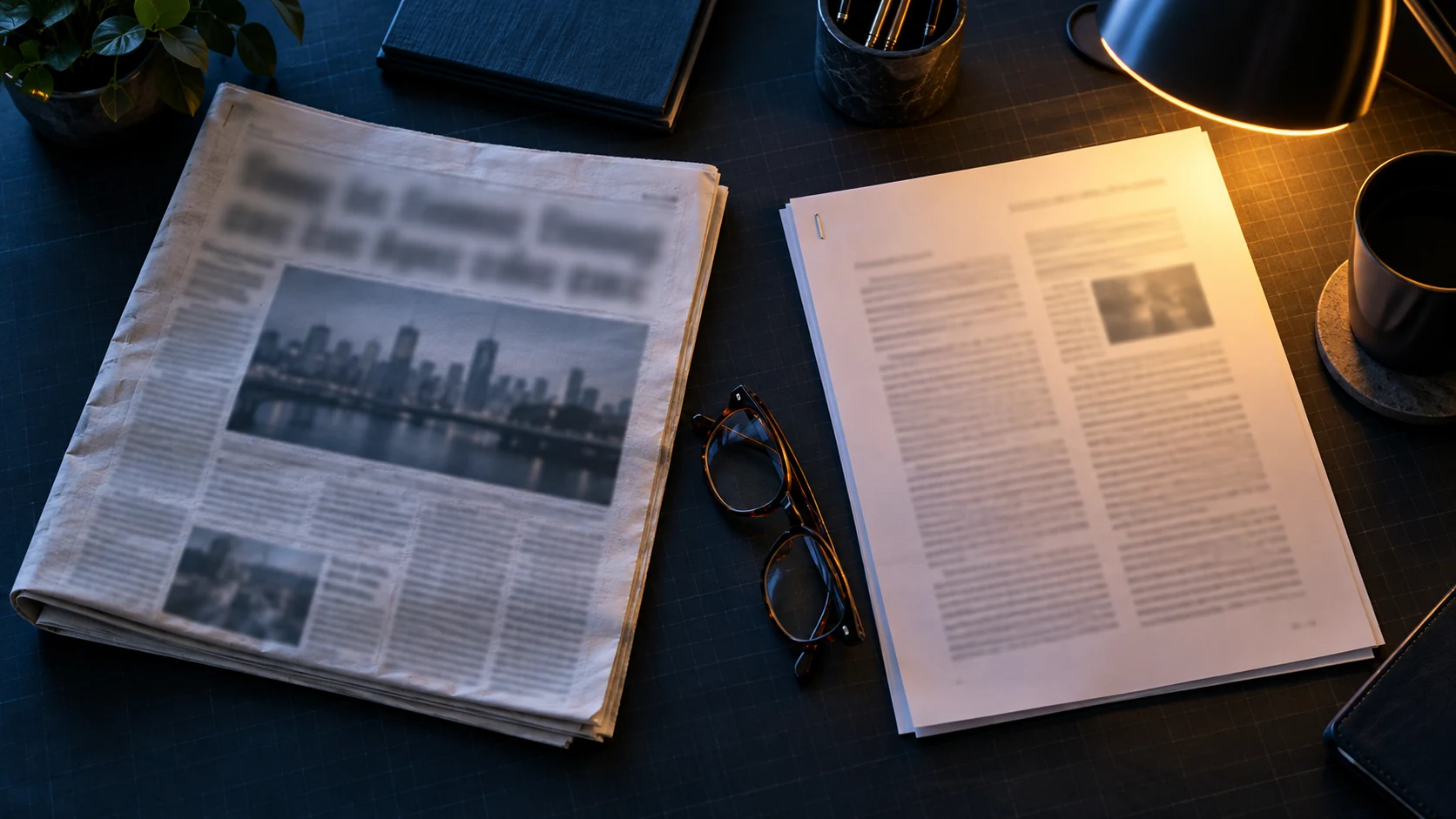 A folded newspaper and a stapled research paper side by side on a dark desk, reading glasses between them, the text on both blurred