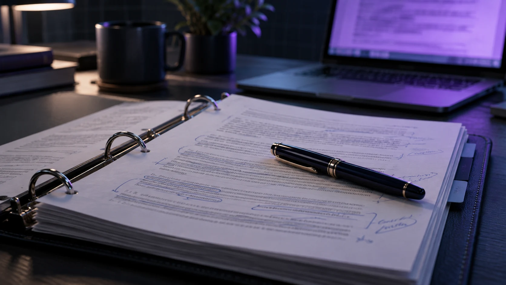 An open ring binder of printed policy pages with handwritten pen underlines and margin notes, a fountain pen across the page and a laptop glowing violet behind it