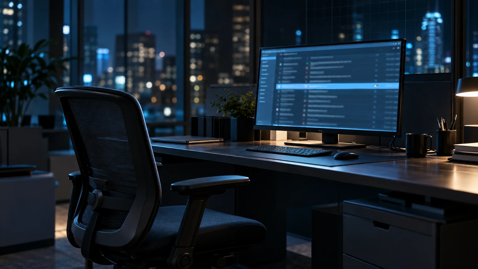 A dark office at night with an empty desk chair pushed back from a monitor showing an email inbox, one message row highlighted and flagged