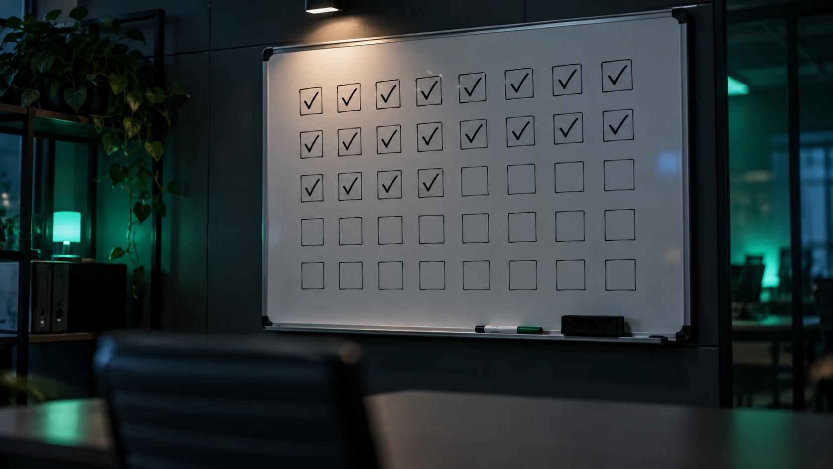 A whiteboard in a dark meeting room with a grid of hand-drawn boxes, the top rows ticked and the bottom rows still empty