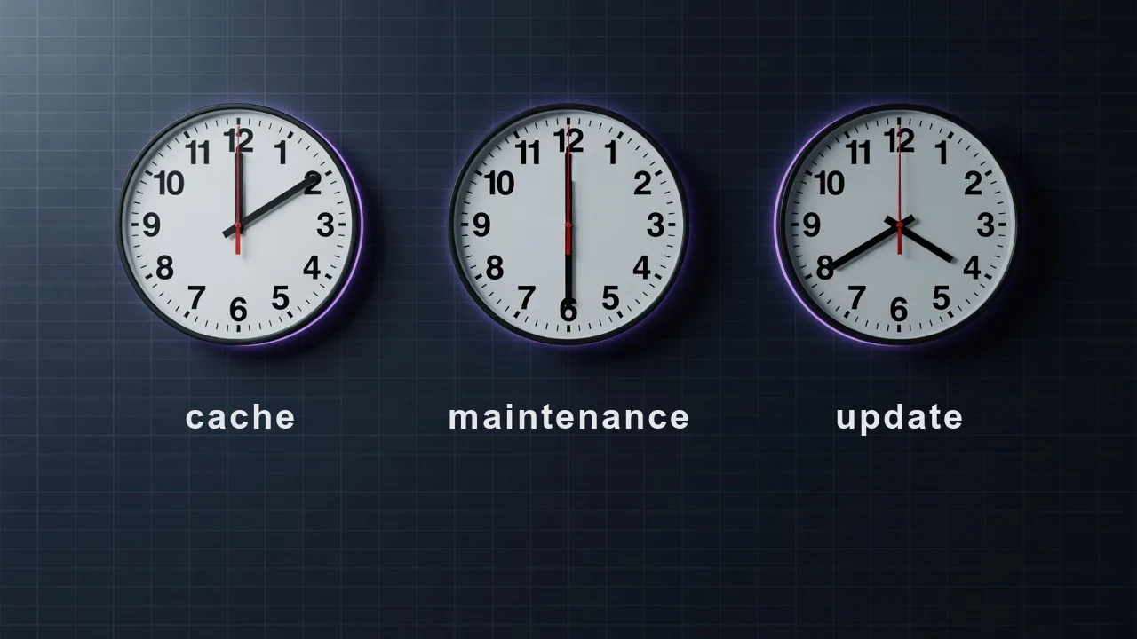 Three identical black-rimmed office wall clocks in a row on a dark wall, each set to a different time and labeled cache, maintenance, and update, violet light leaking from behind every frame