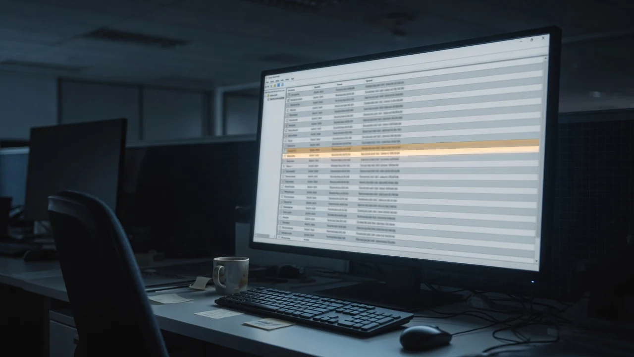 Dim office monitor at night showing a long list of identical grey scheduled task rows, one row glowing faintly amber