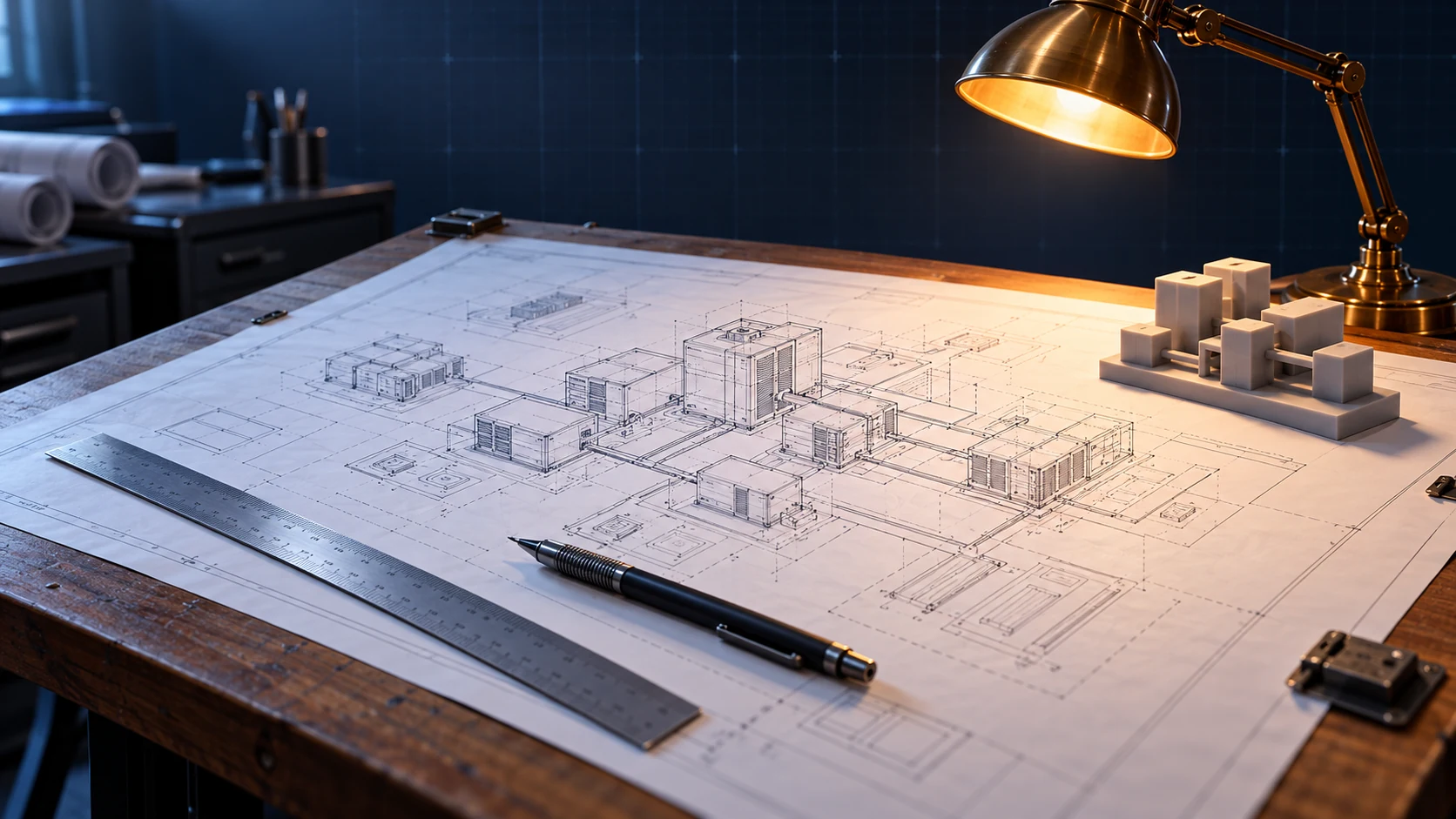 A printed system-architecture blueprint pinned to a drafting table with a ruler, a drafting pen, and a small 3D-printed block model
