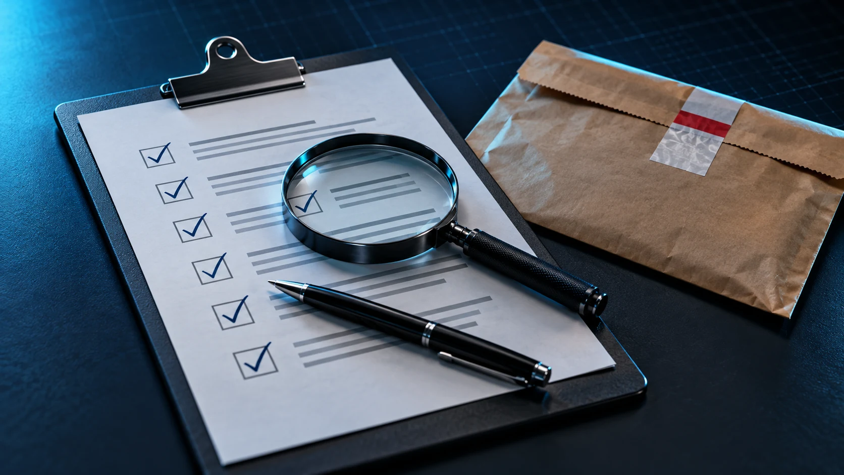A clipboard with a hand-ticked checklist on a bare desk, a pen across it, a magnifier over one line, and a sealed evidence envelope