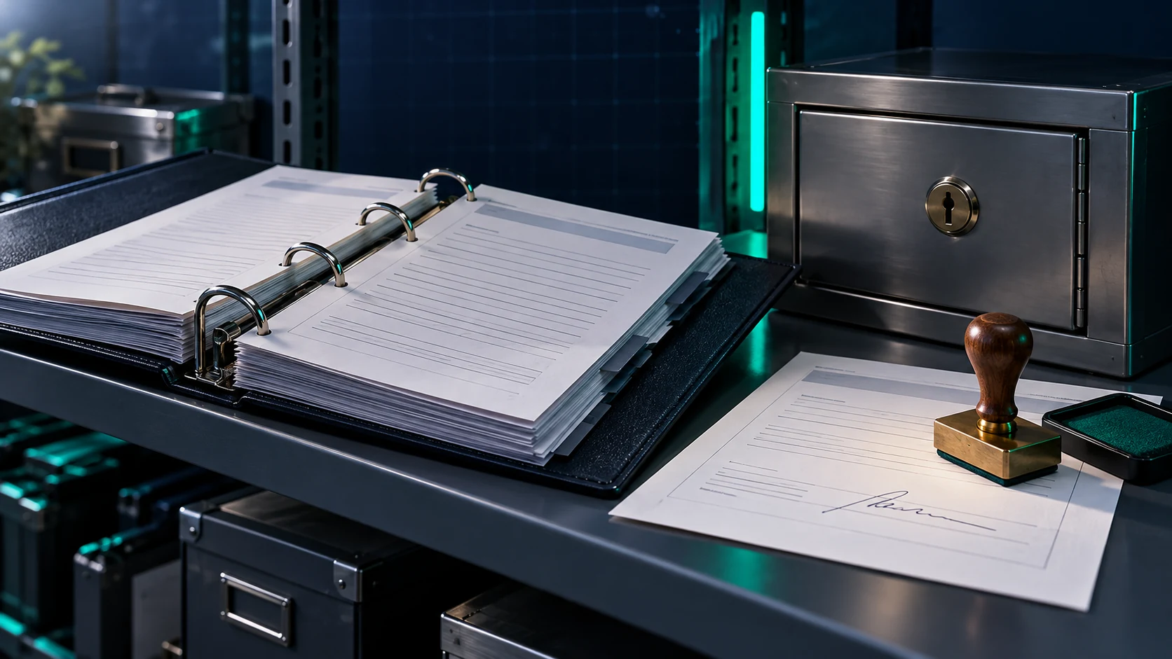 An open immutable-records binder on an office shelf with a rubber approval stamp resting on a signed release form and a locked steel box behind