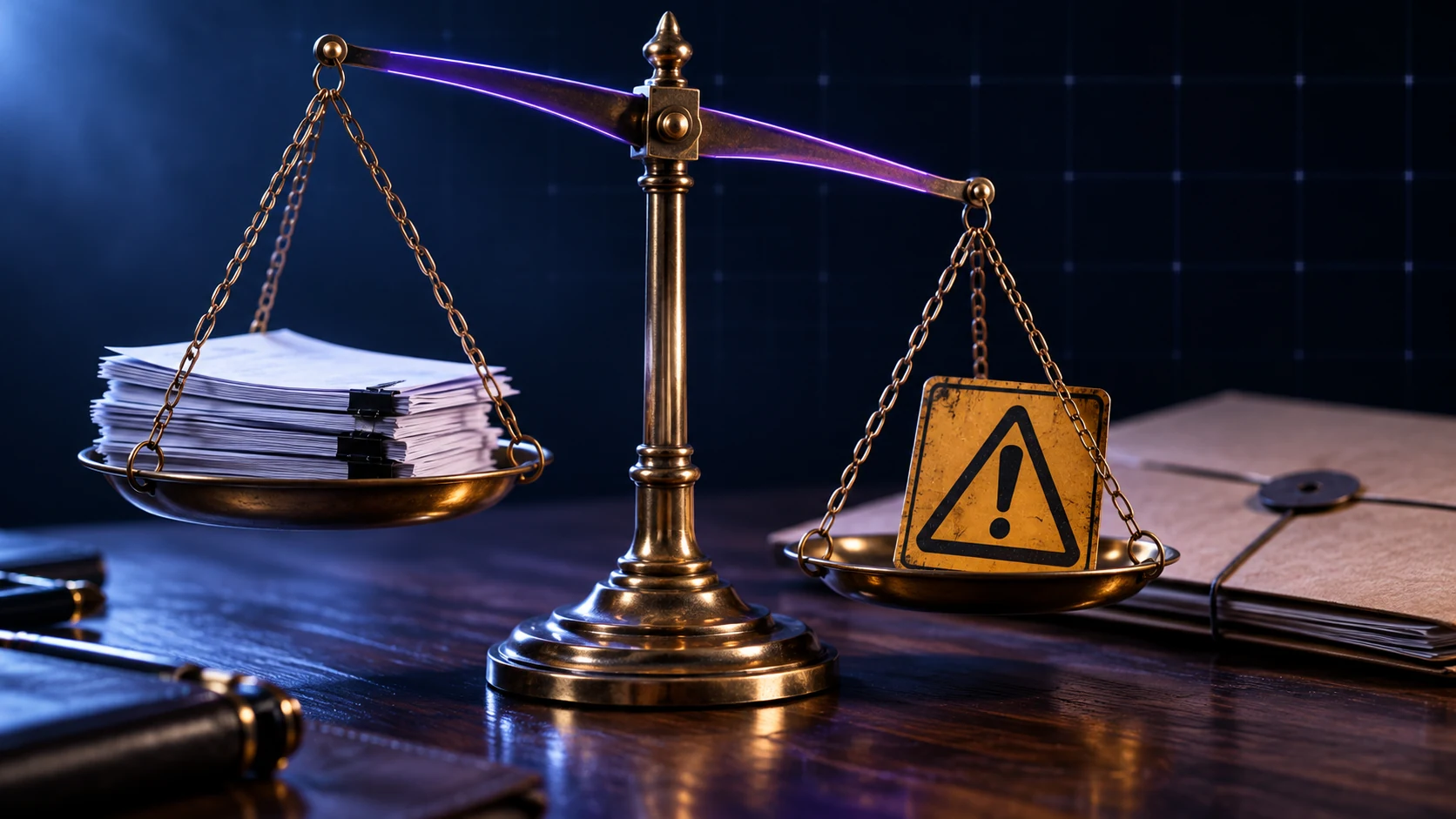 A macro of a brass balance scale on a desk, one pan holding printed memos and the other a single warning placard
