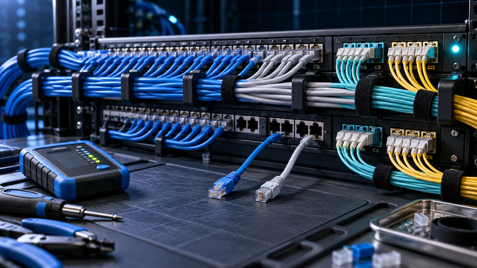 A labeled network patch panel on a workbench with two cables unplugged mid-repair and a cable tester alongside