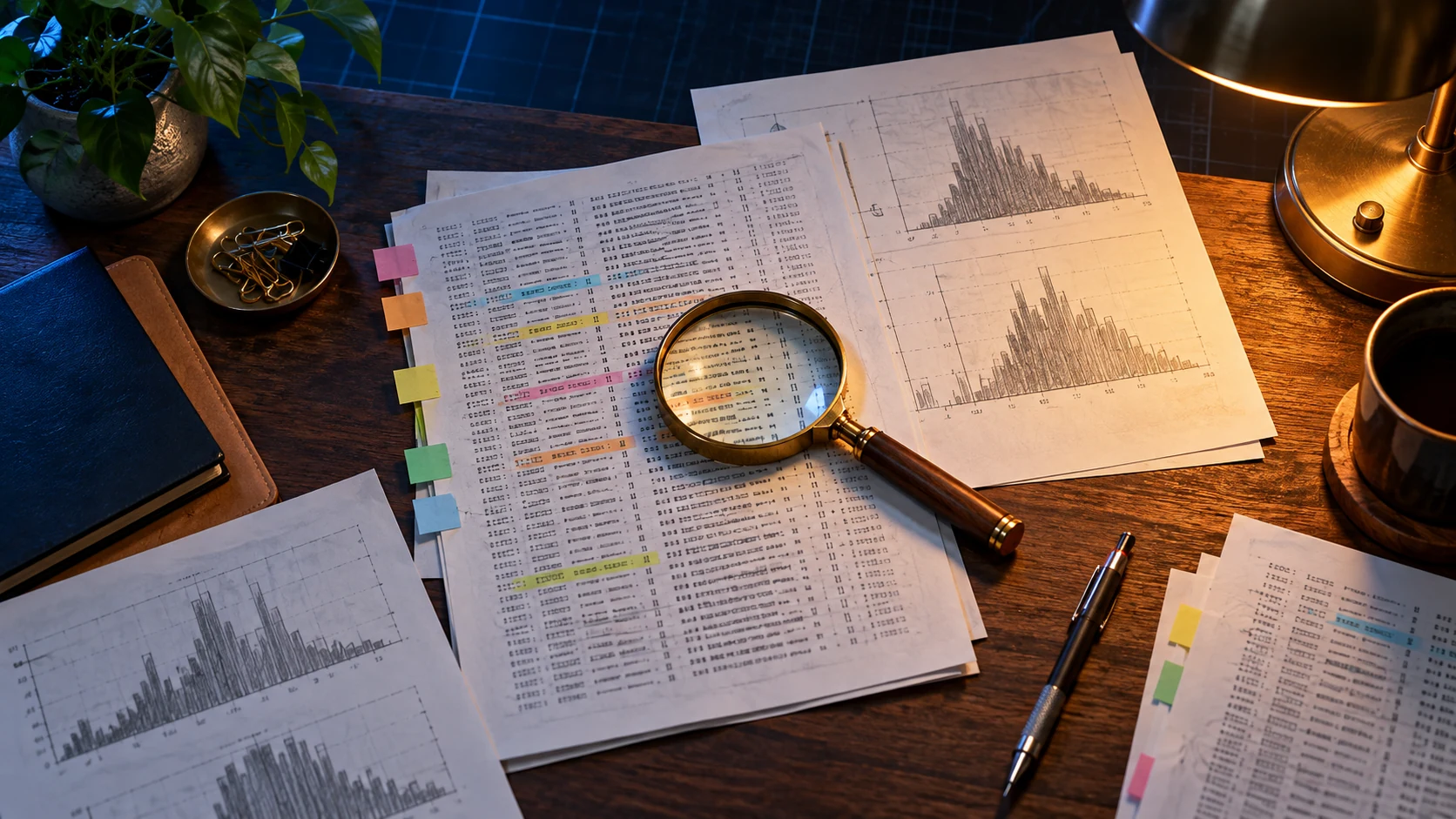 A top-down desk of printed log sheets and hand-sketched histograms with a brass magnifier loupe resting on one page