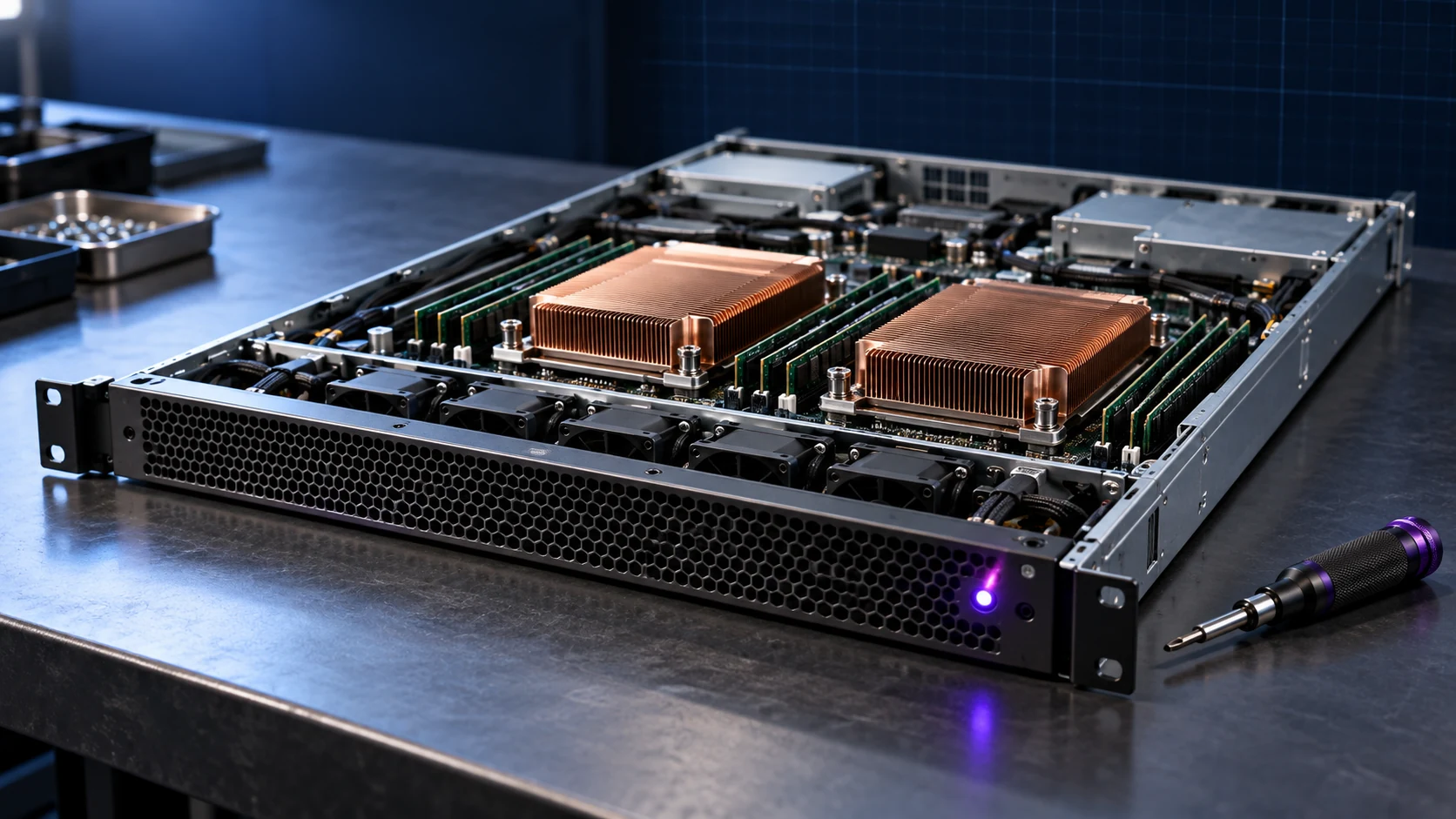 A single rack-mount inference server opened on a workbench exposing copper heatsinks and memory modules