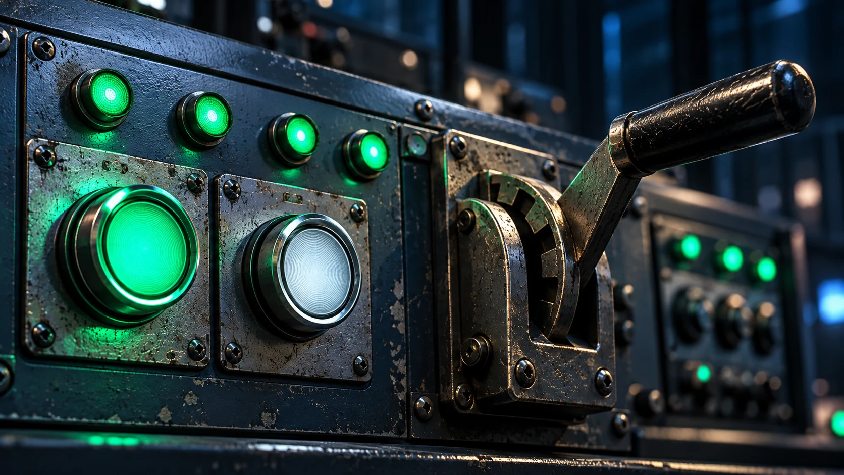 A macro of an industrial automation control panel with lit cycle buttons and a rollback lever mid-throw