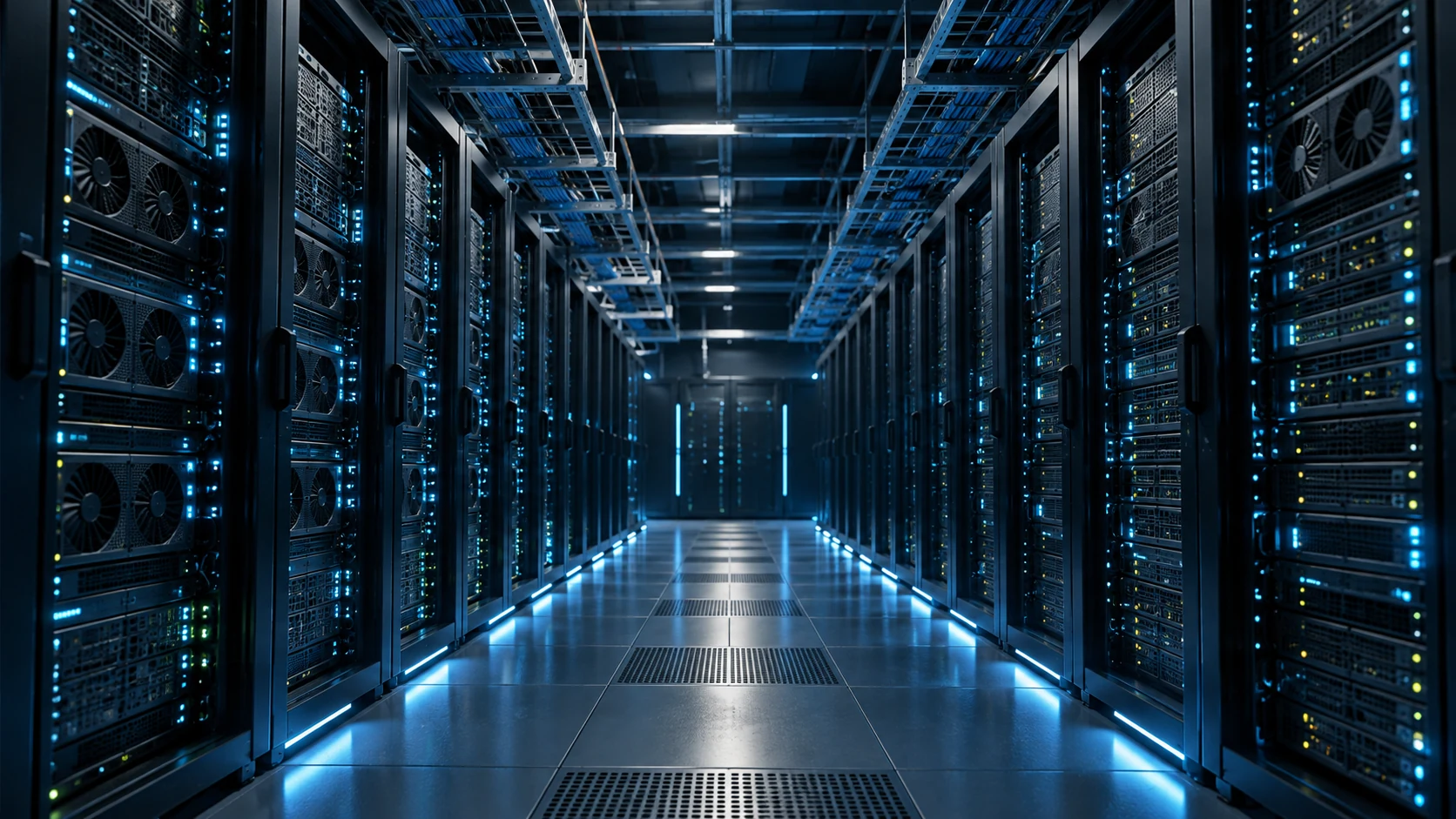 A wide view down a dim data-center cold aisle, GPU racks receding into the dark with status lights along the floor