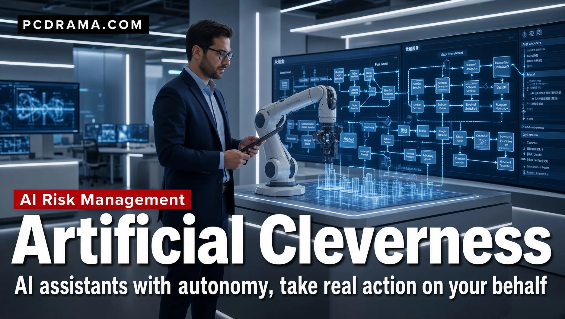 Artificial Cleverness: AI assistants with autonomy, take real action on your behalf. An engineer reviews an agentic AI workflow on a tablet beside a robotic arm and a wall of branching process diagrams.