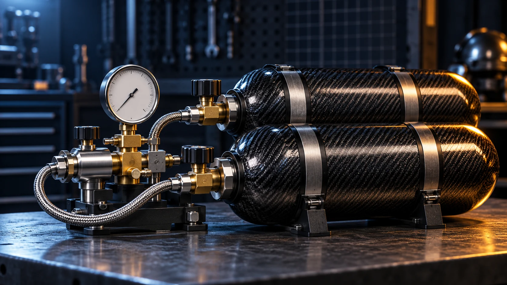 Two carbon-fibre-wrapped high-pressure gas cylinders piped to a brass valve manifold and a pressure gauge on a workshop bench