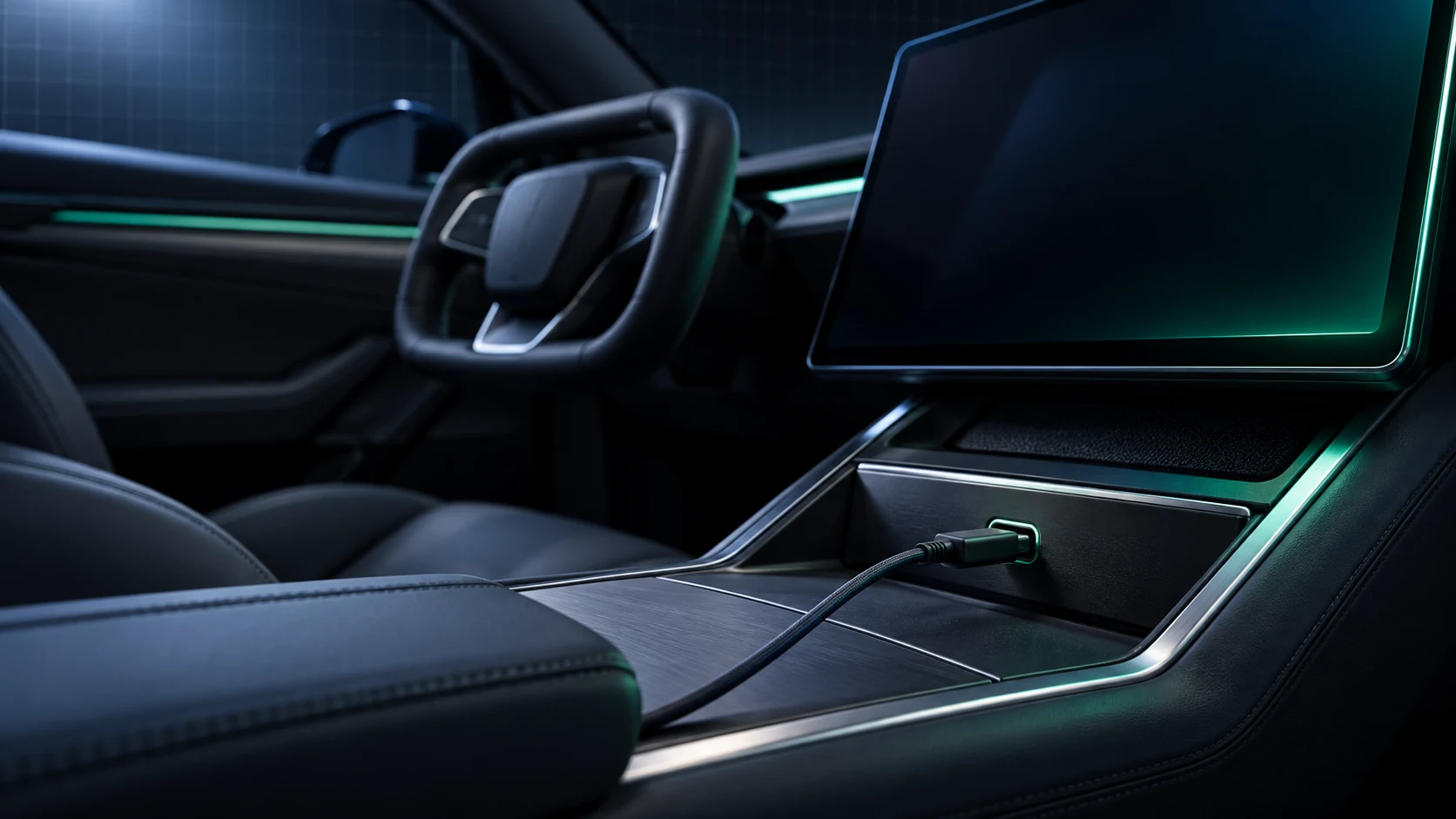 Close-up of a car center console USB-C port with a cable plugged in, an empty seat and a glowing infotainment screen behind it