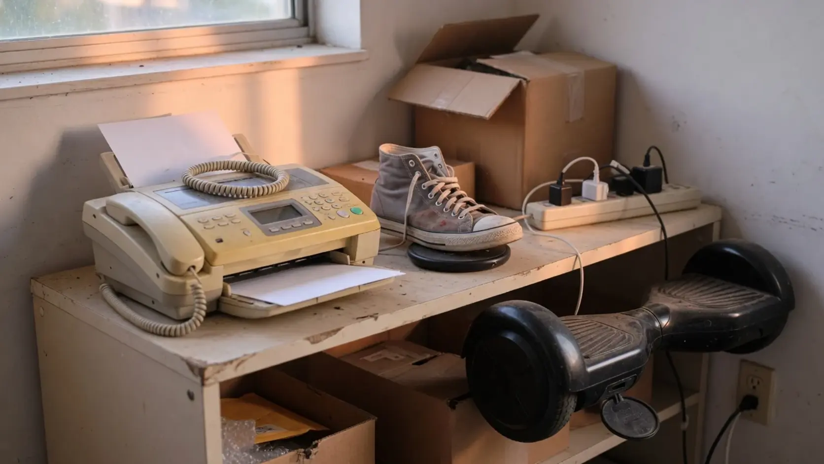 A dusty beige fax machine, a worn grey high-top sneaker on a round charging pad, and a black two-wheeled hoverboard on a scuffed back-office shelf in late afternoon window light