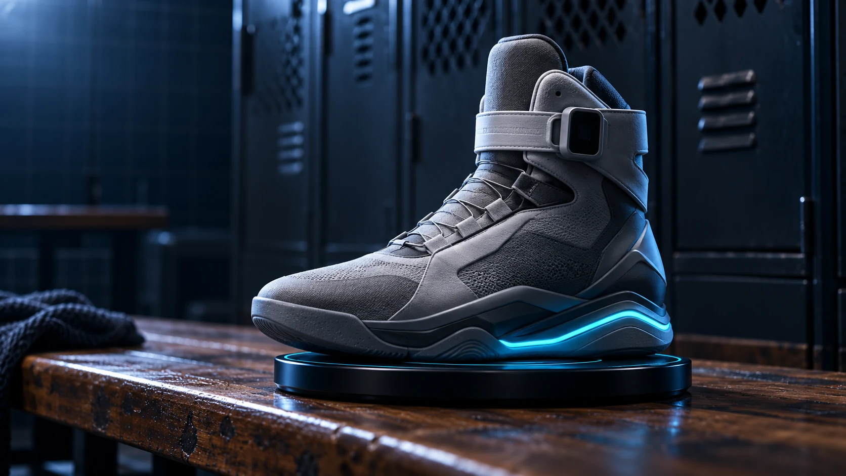 A grey high-top sneaker with a self-lacing strap on a round black charging puck on a worn locker-room bench, a cyan light glowing along its sole