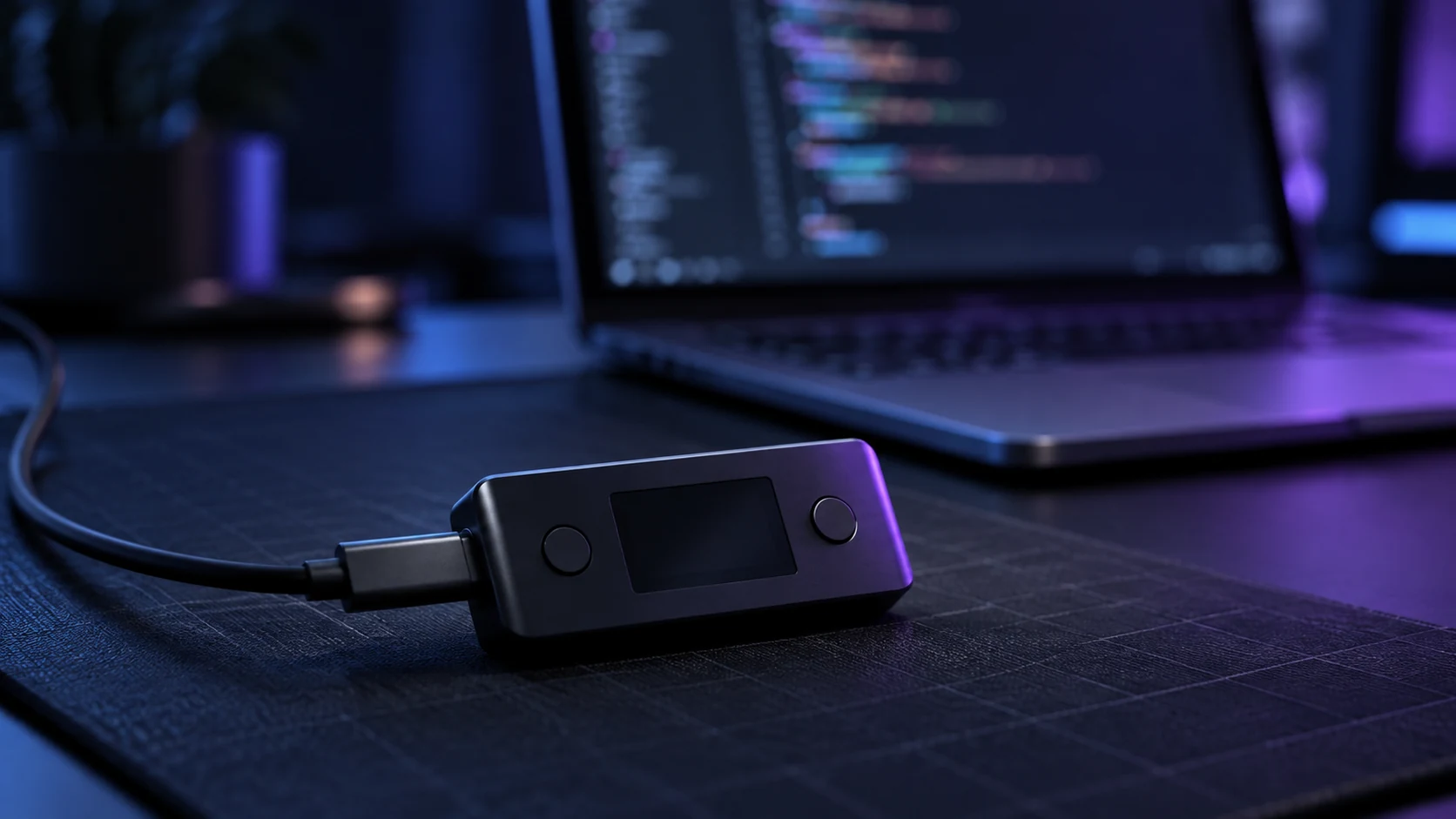 A black hardware crypto wallet plugged in by USB-C on a desk mat, with a laptop behind it showing blurred lines of code