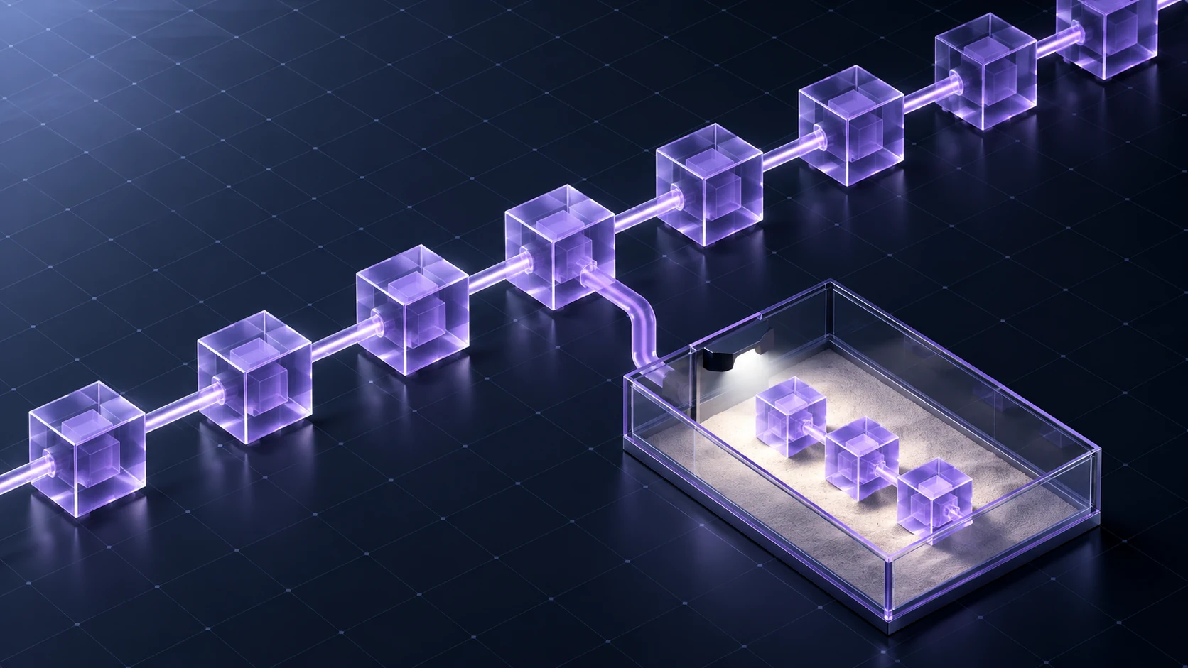 Isometric chain of violet glass cubes with a branch feeding copies of three cubes into a lit glass sandbox tray