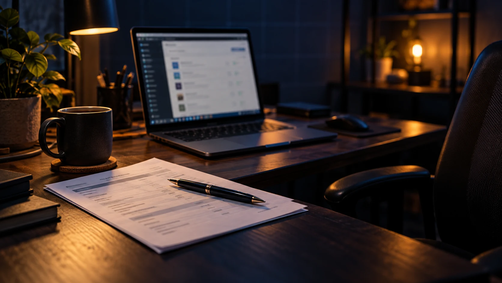 A printed payout statement with a pen across it on a dark wooden desk, an open laptop behind it showing a blurred website admin plugin list