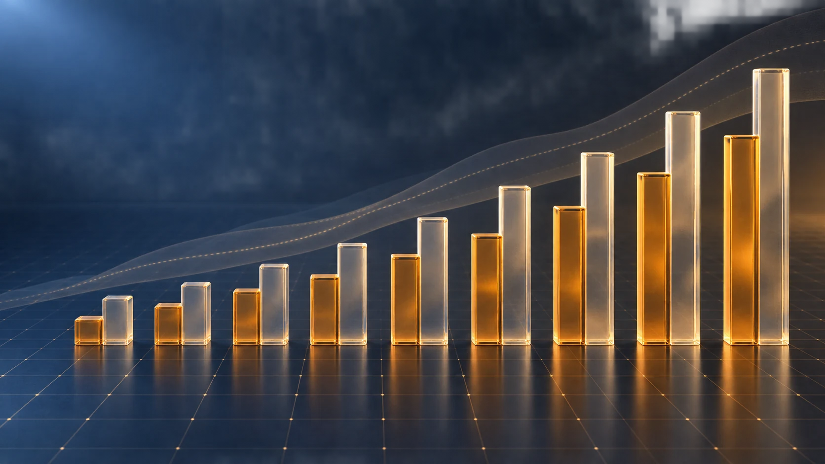 Nine pairs of glowing amber and clear glass bars rising from left to right over a navy grid floor