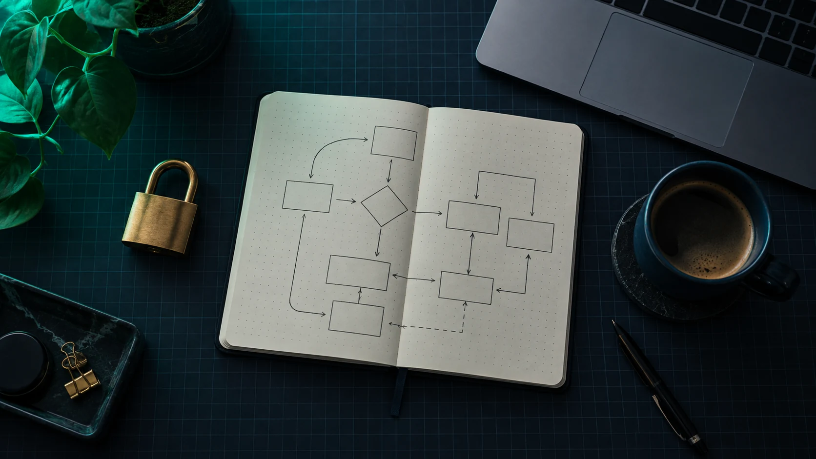 Top-down view of a dark grid desk holding an open notebook with a hand-drawn flowchart, a brass padlock, a laptop, a pen and a cup of coffee