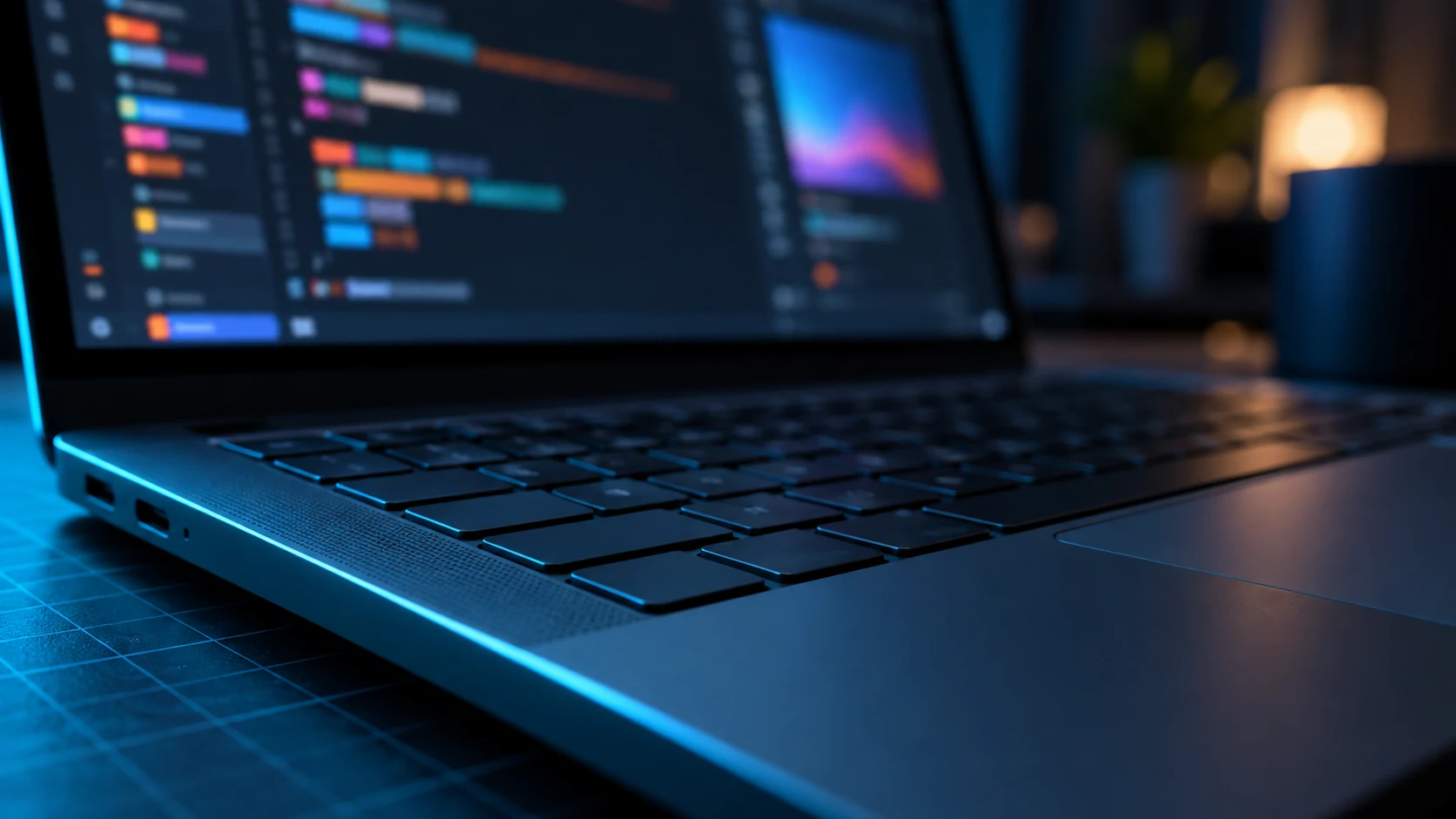 Close-up of a laptop keyboard edge lit by a cyan rim light, with a blurred code editor on the screen behind it