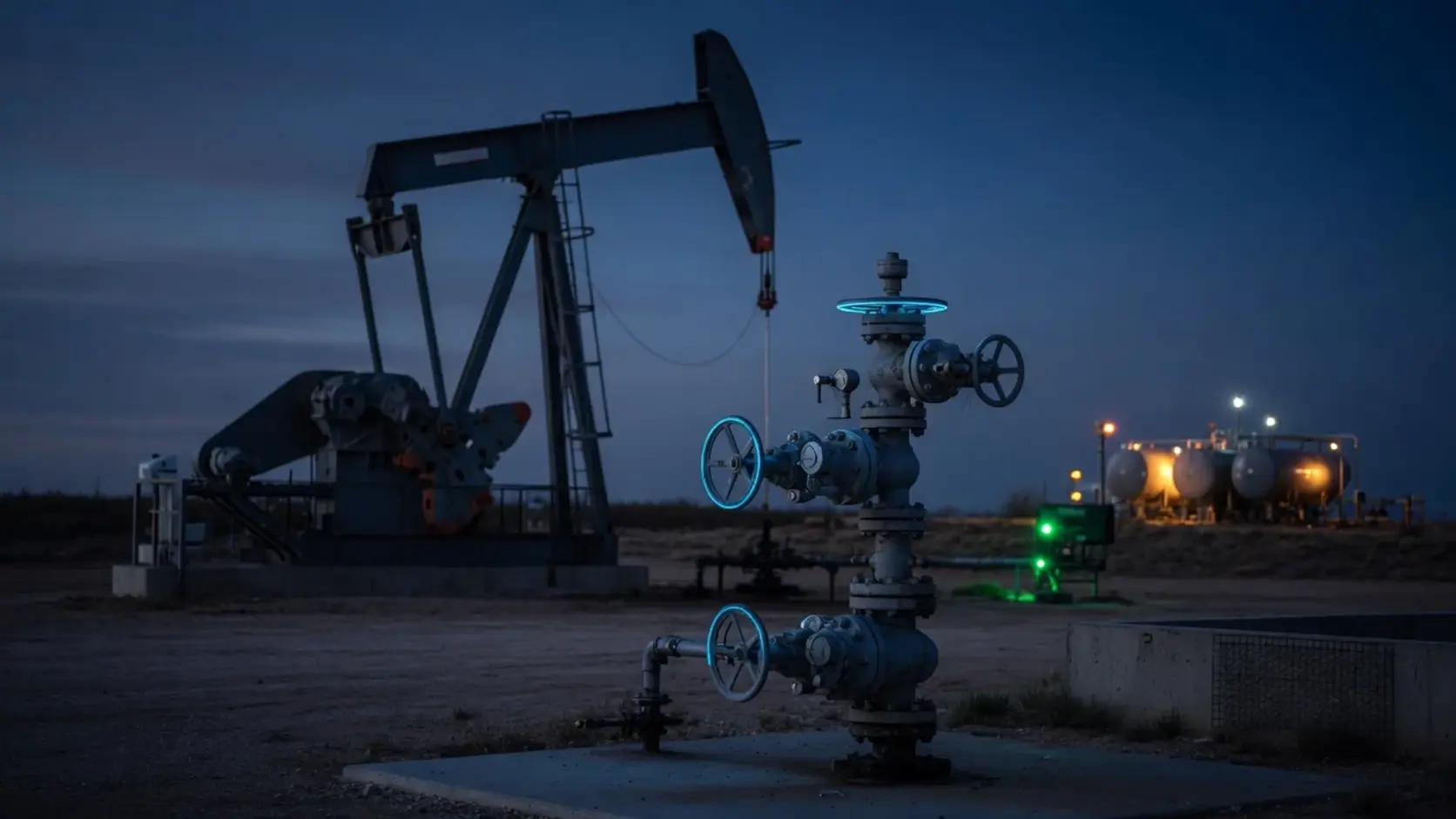 A pumpjack mid-stroke on a flat lease at blue hour, a wellhead valve tree caught by a cool rim light in the foreground and tank battery lights behind