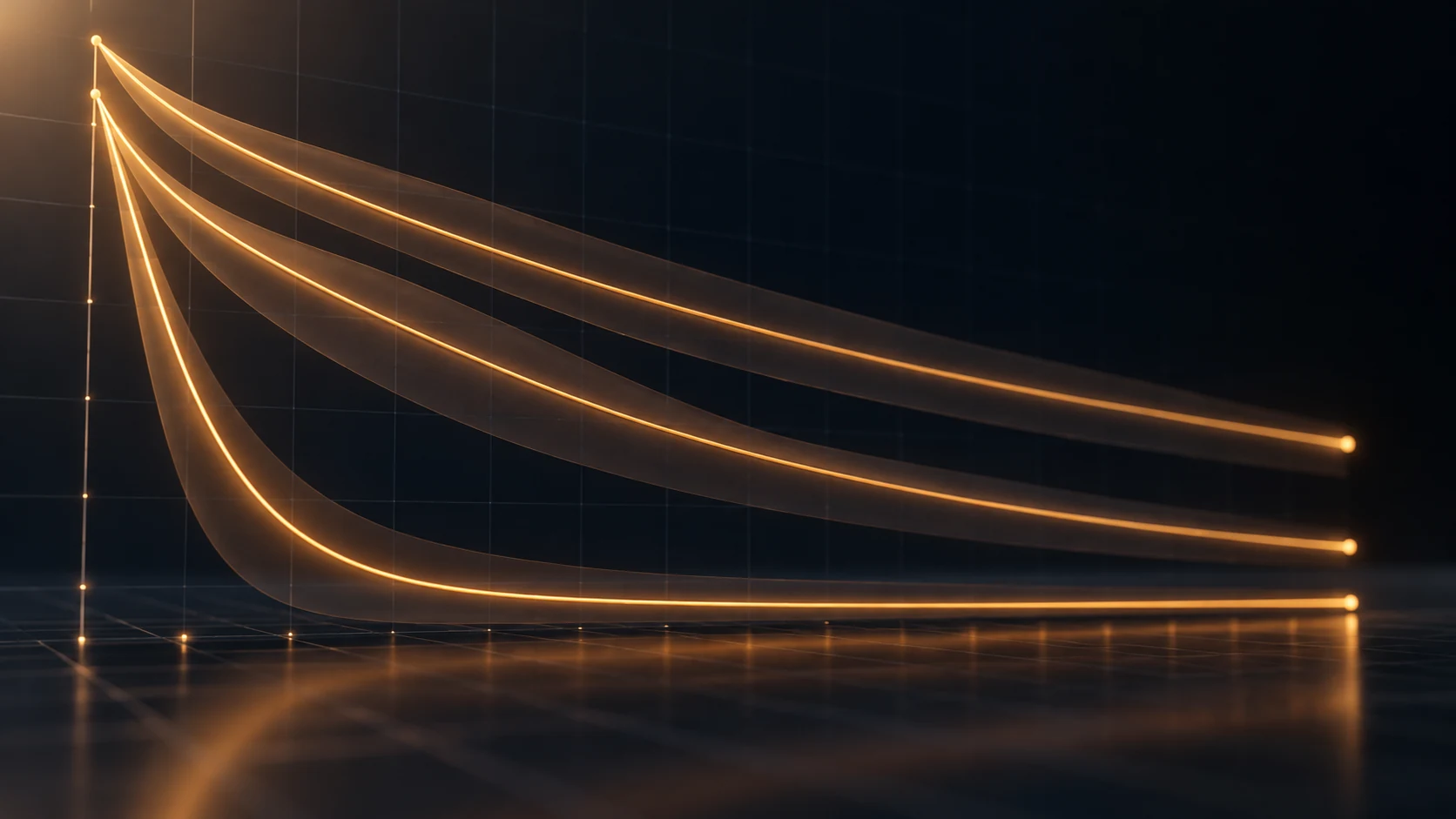 Three glowing amber production curves falling from left to right over a dark grid, the steepest one dropping fast and flattening low