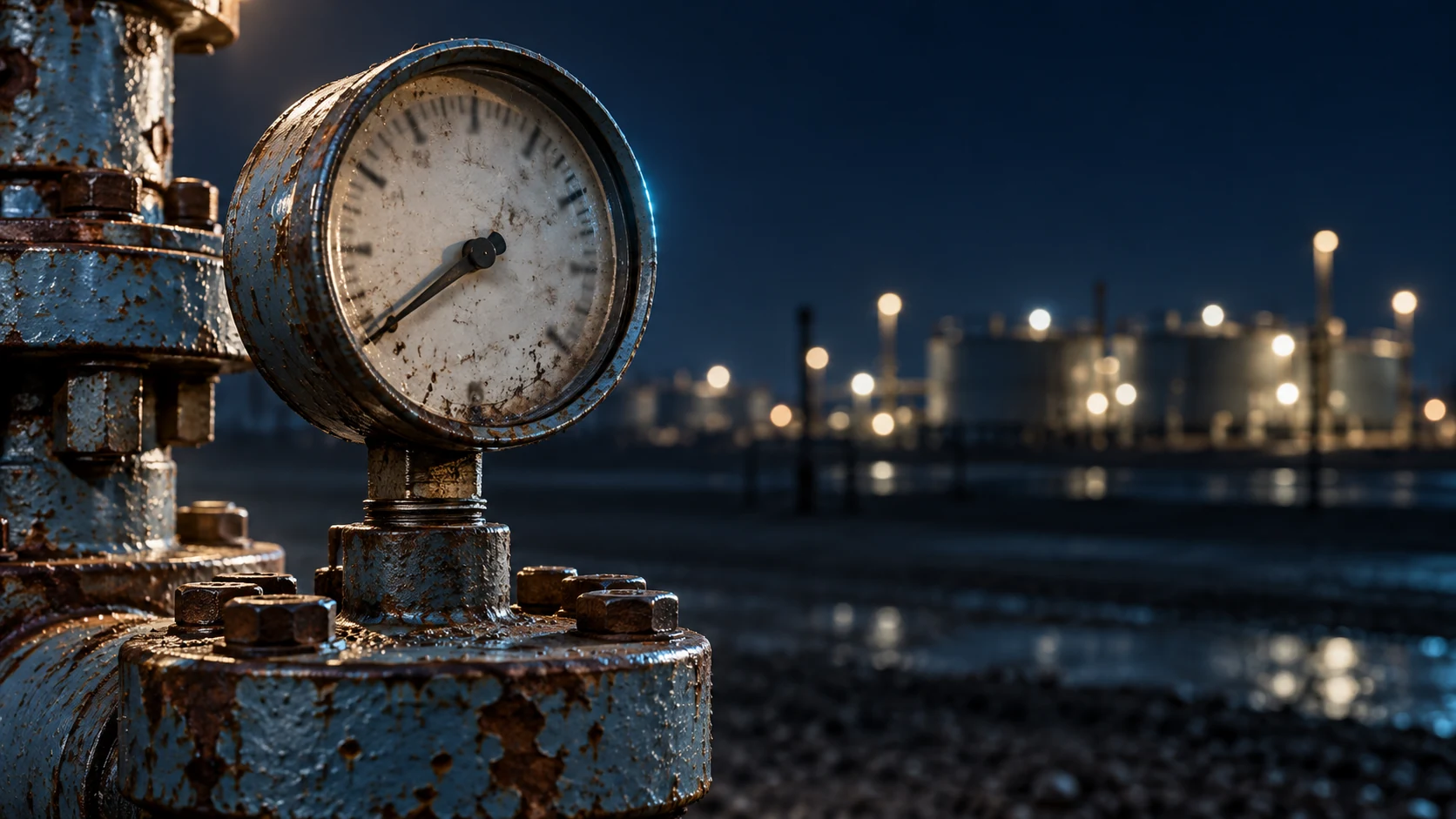 Close-up of a weathered, rust-flecked pressure gauge on an old painted wellhead at night, its needle resting low, with tank battery lights blurred in the distance