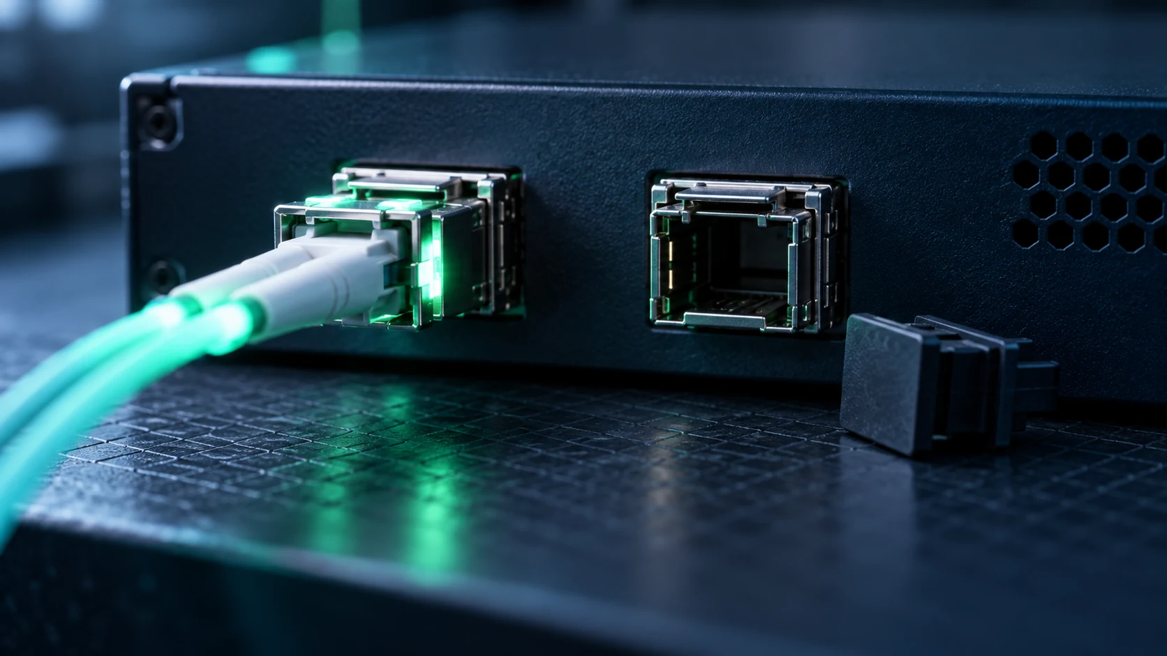 Close-up of the back of a network appliance with a glowing fiber cable in one port and the neighboring port empty, its dust cap resting on the bench