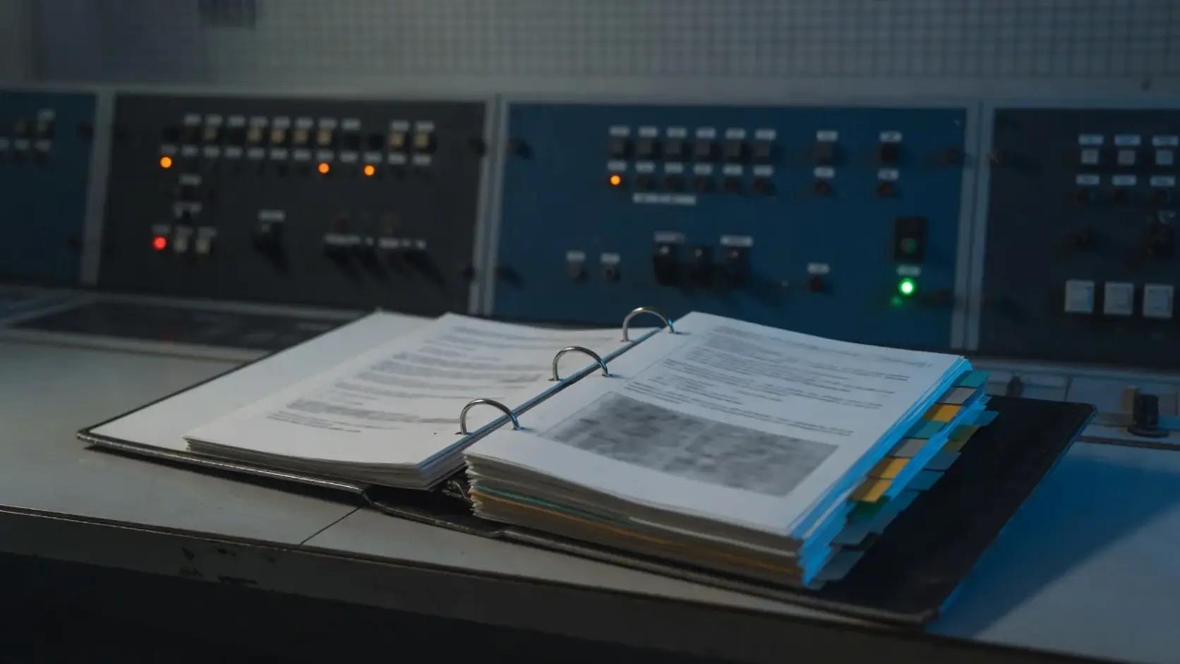A thick open three-ring compliance binder with colored index tabs on a steel desk in front of substation relay panels