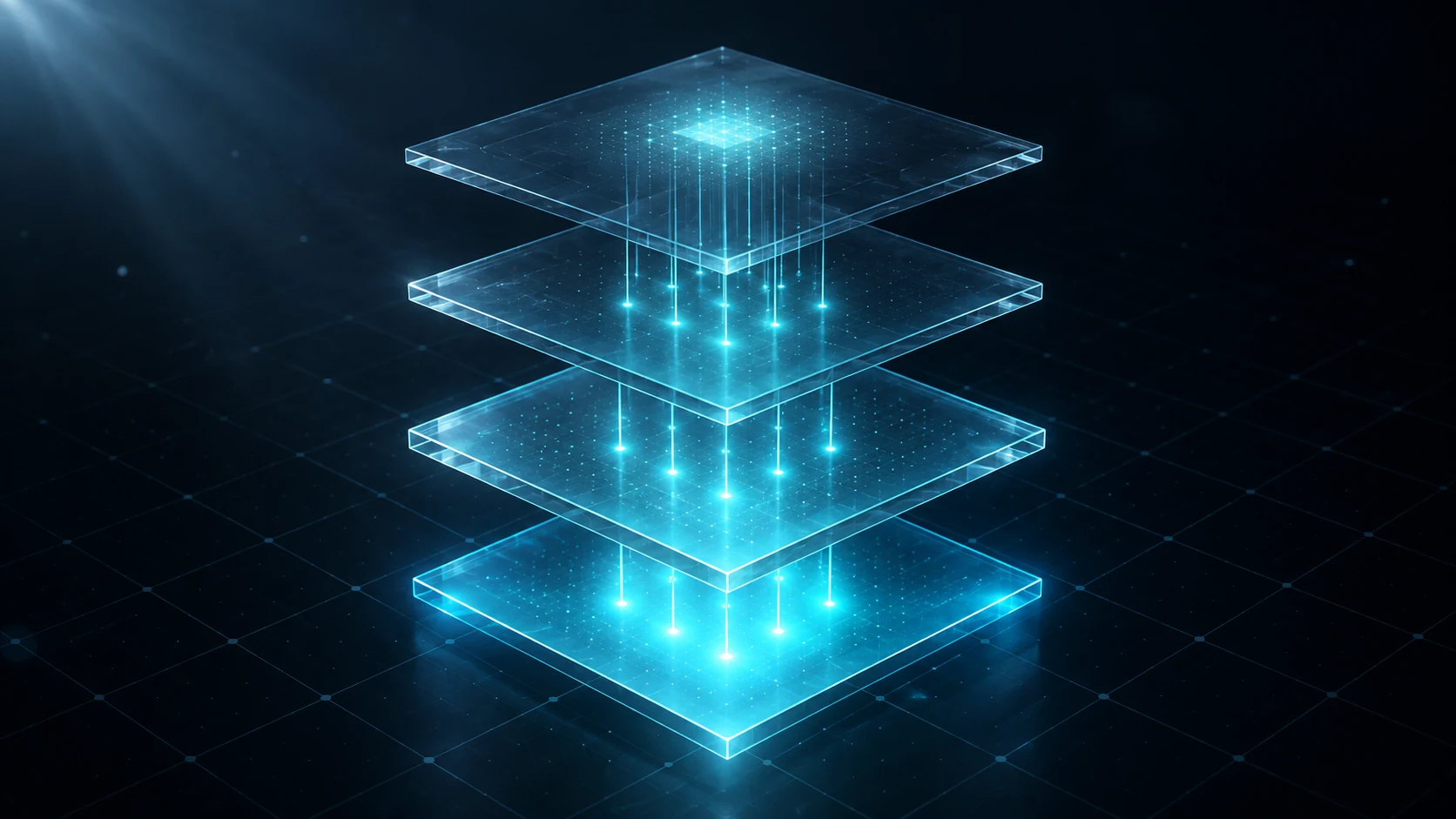Four stacked translucent glass layers with cyan beams passing downward through them in one direction only