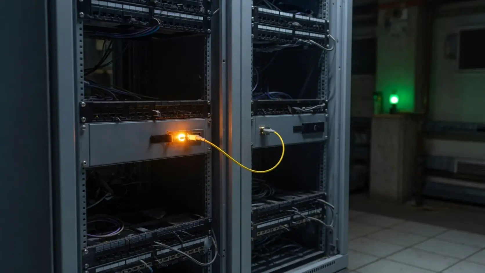Two open equipment racks side by side in a dim plant room, joined by a single yellow fiber cable running from an amber-lit transmit module