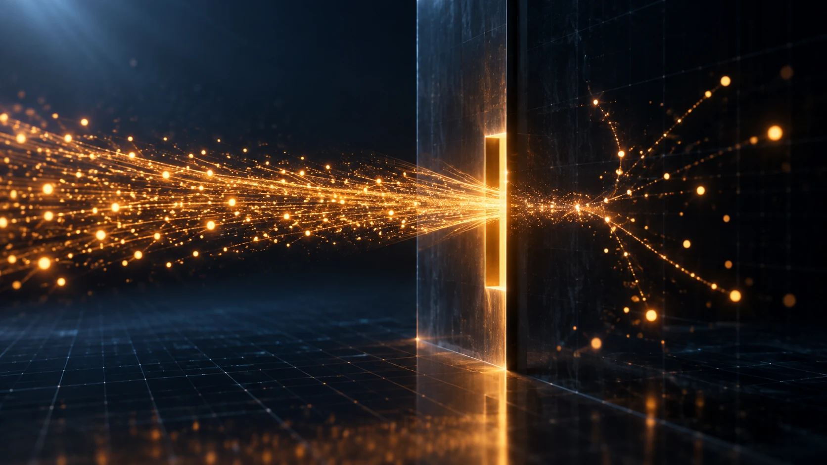 Amber data particles streaming through a narrow glowing slot in a dark wall and fanning out on the far side