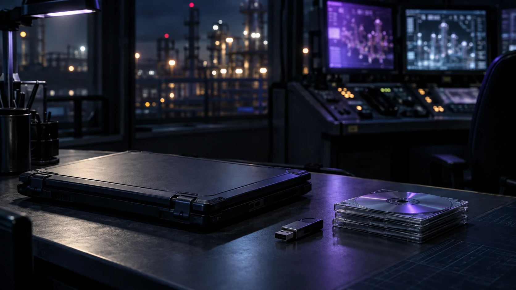 A closed laptop, a USB flash drive and a stack of blank software discs on a control room desk at night