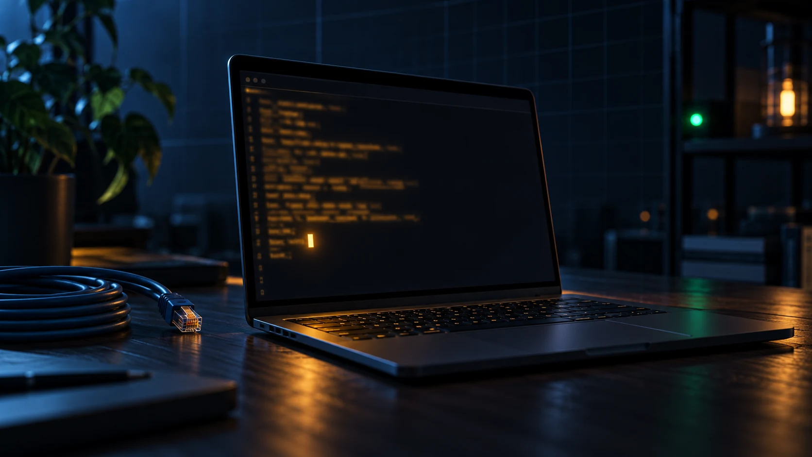 Open laptop on a dark desk at night showing a terminal window of blurred amber glyphs, with a coiled ethernet cable beside it