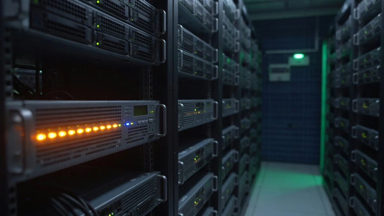 A dim server aisle where one rack-mounted server shows a row of bright amber status lights while its neighbours glow calm green