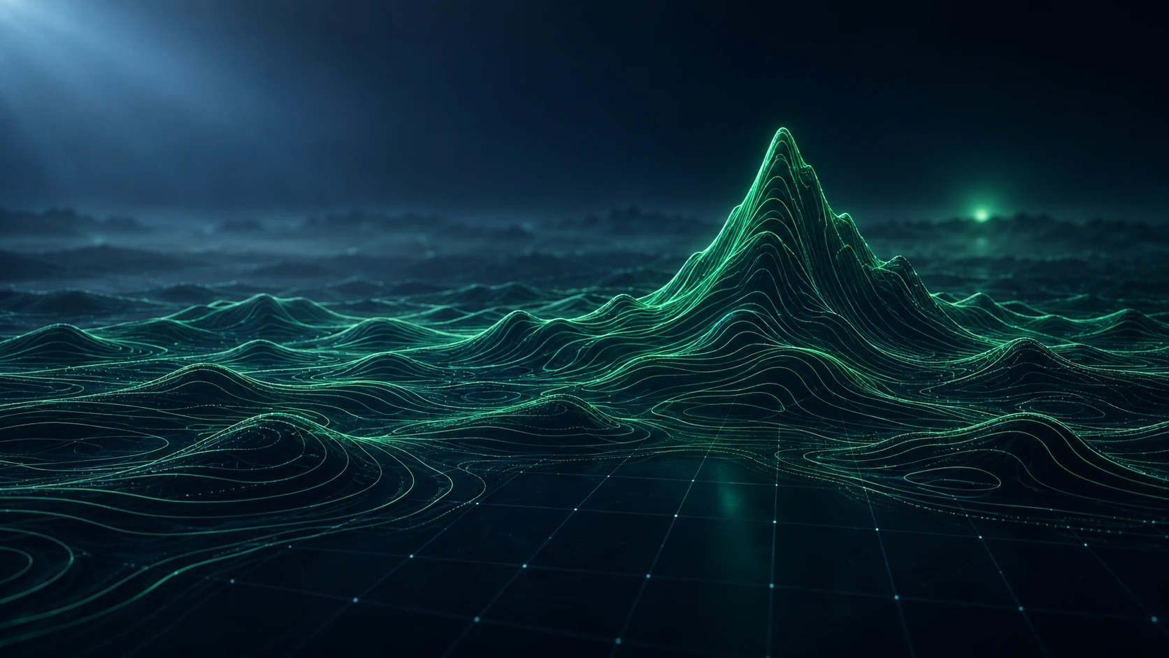 A glowing emerald contour map rising into one tall ridge in the centre over a dark grid, like a load graph with a single busy hour