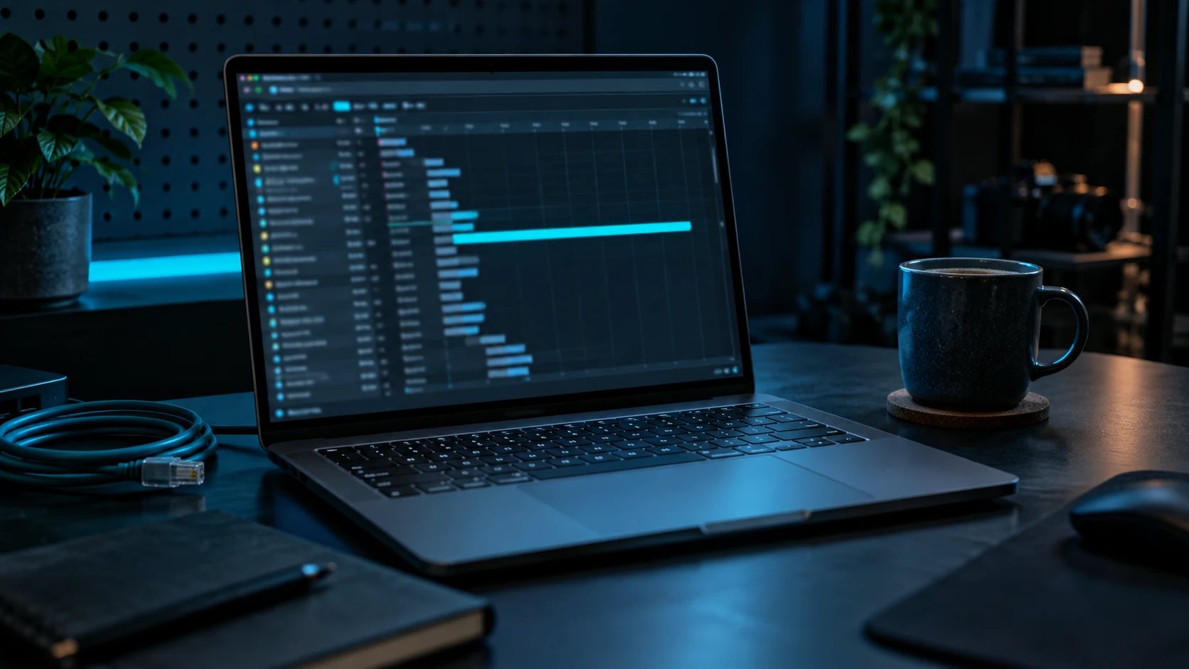 A laptop on a dark desk showing a browser developer tools network waterfall, one request with a much longer cyan timing bar than the rest
