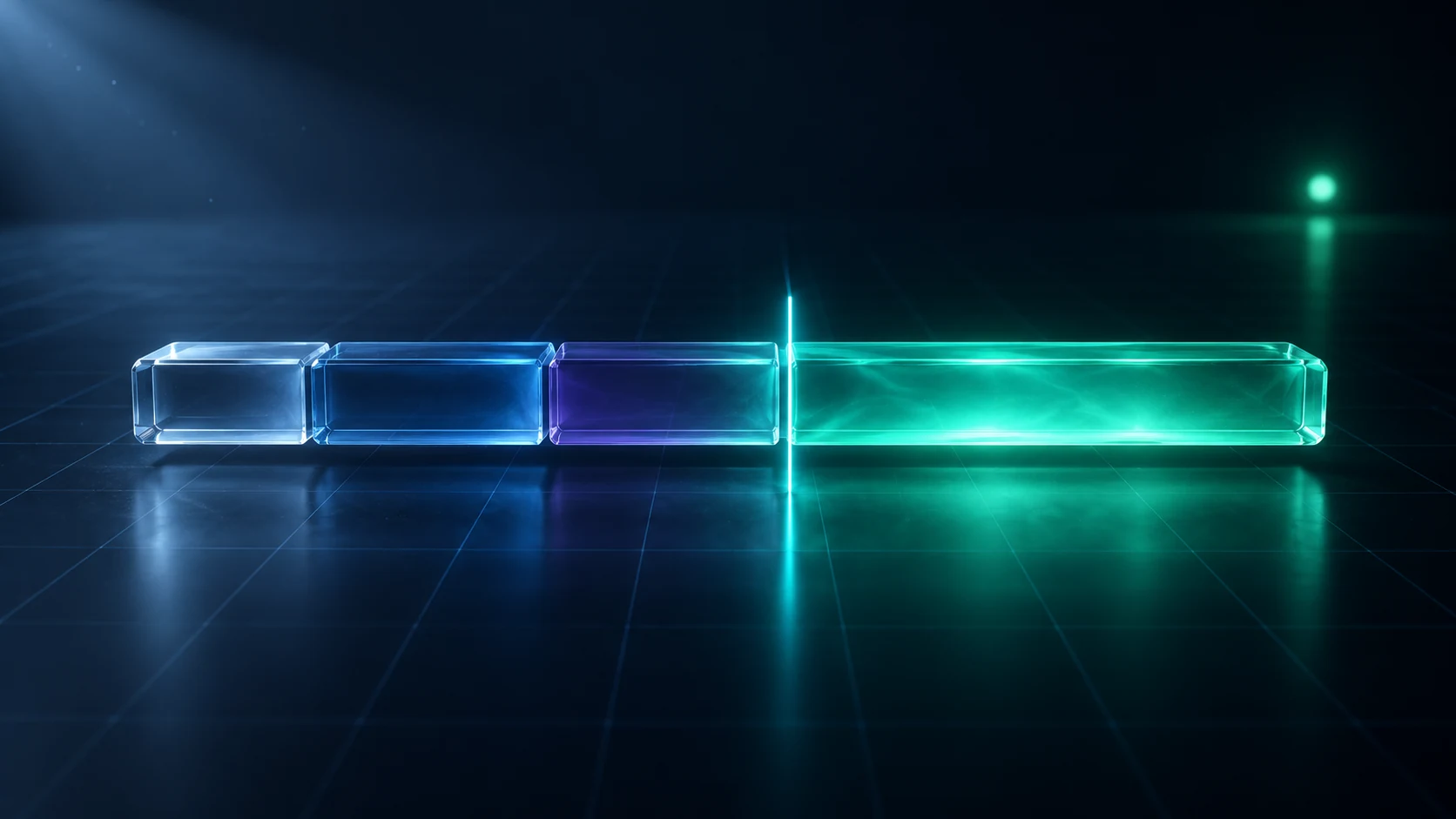 Four translucent glass segments joined into one bar, the last and longest glowing green, with a thin bright vertical line crossing the bar as a threshold marker