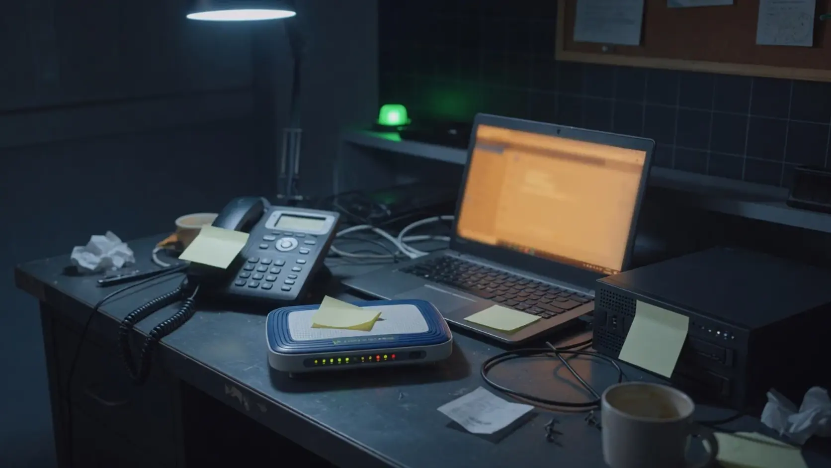 A cluttered desk at night with a desk phone, a small router with status lights, an open laptop and a server box, each wearing a blank yellow sticky note