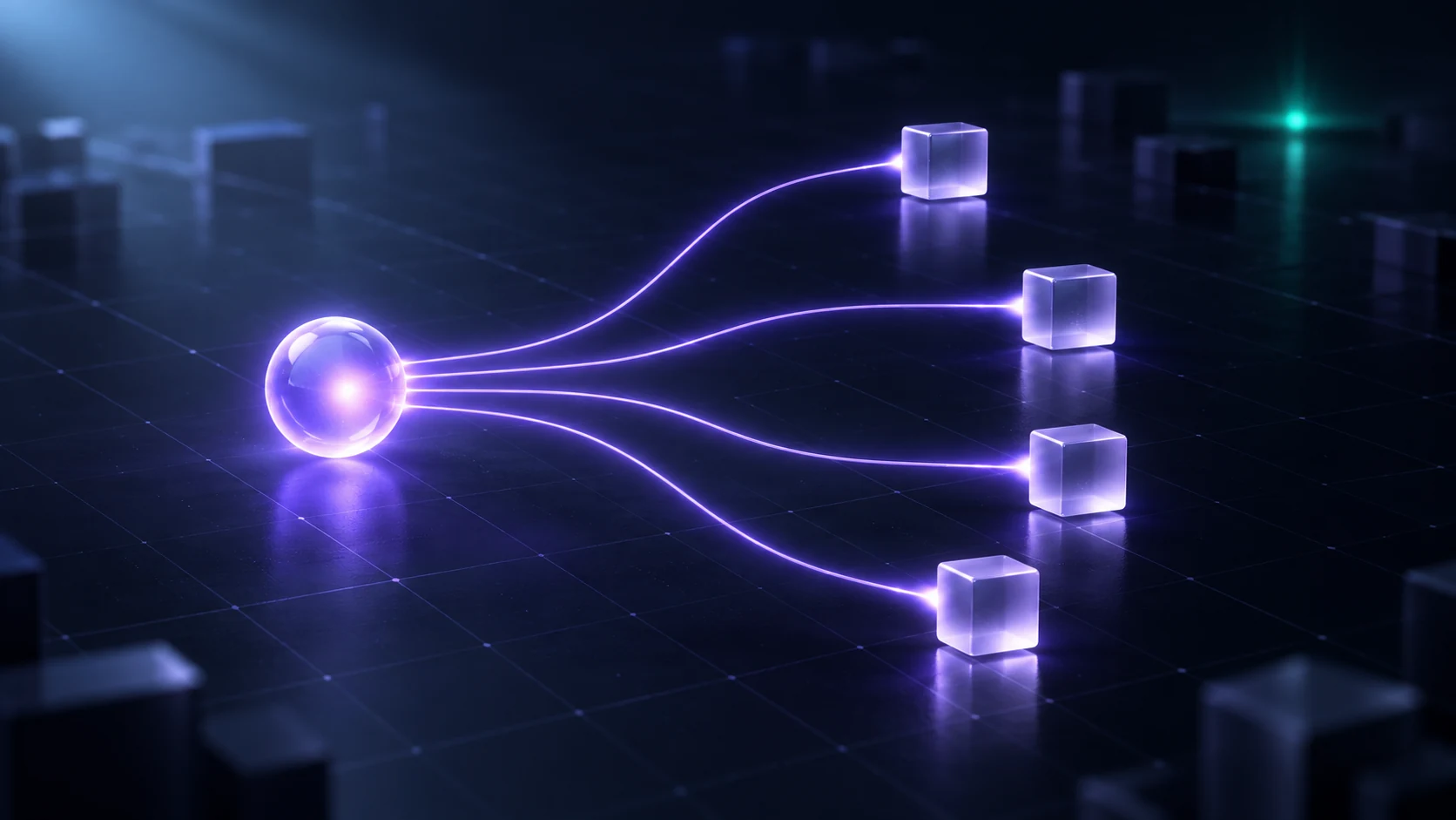 A glowing violet root node branching into four luminous paths that each end at a small frosted glass block, floating over a dark grid