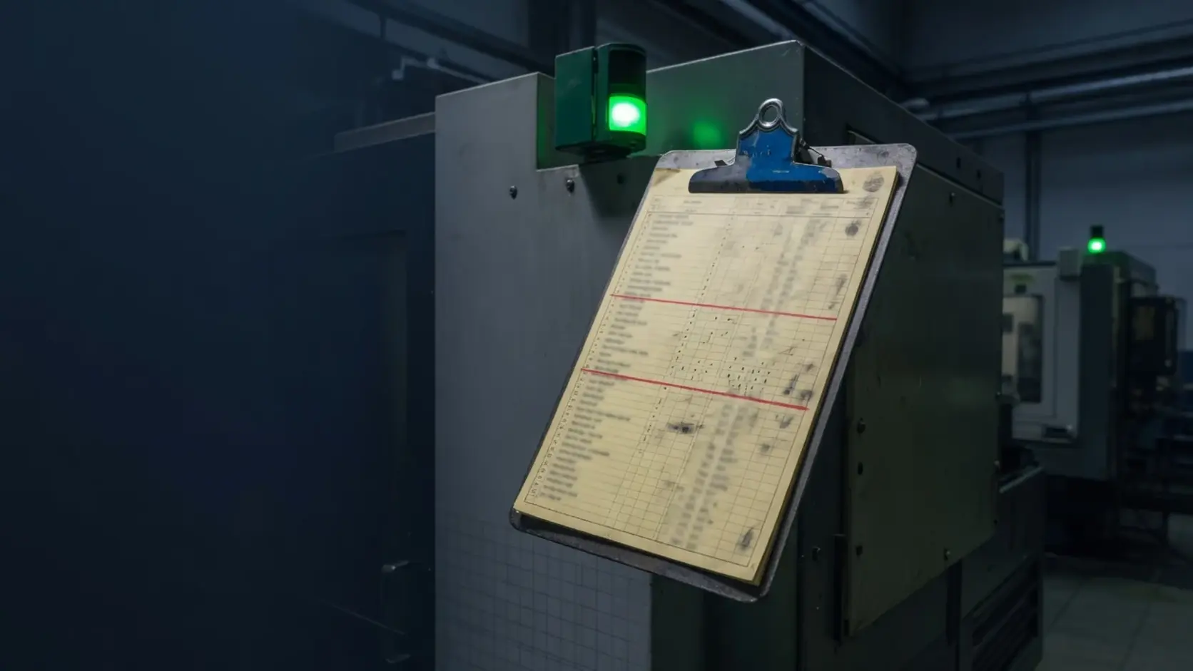 A yellowed quality-control log on a clipboard hanging from a CNC machine, pencil marks between two red ruled lines, a green status light glowing above