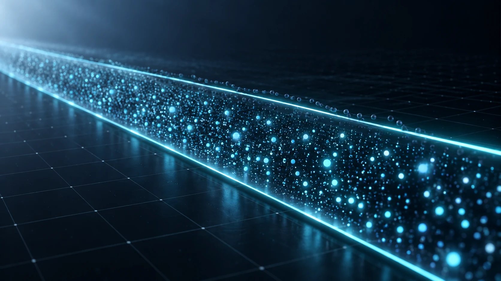 A luminous cyan band of particles bounded by two glowing rails, with a faint trail of particles creeping along the inside of the upper rail