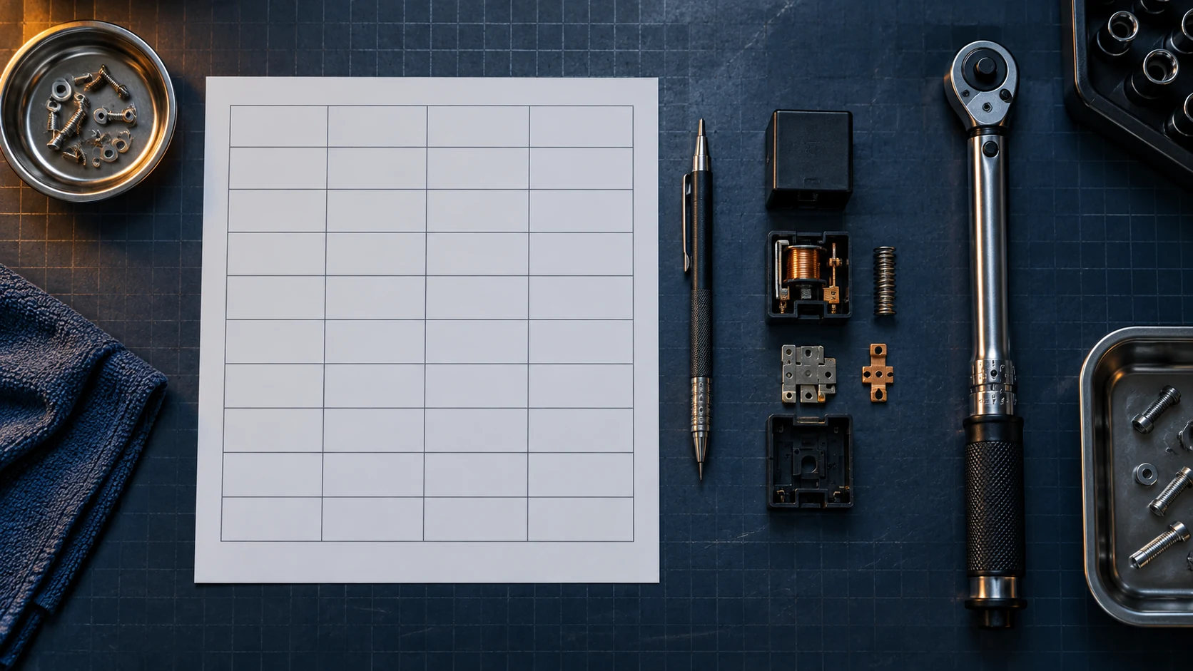 Top-down view of an engineering workbench with a blank grid worksheet, a mechanical pencil, a disassembled relay and a torque wrench laid out in order