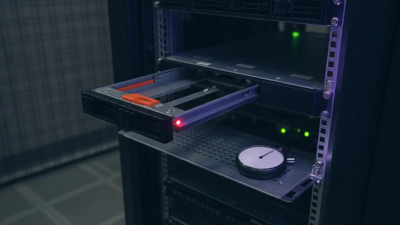 A rack with one drive tray pulled out showing a red fault light and a blank-faced analog stopwatch on the shelf beneath
