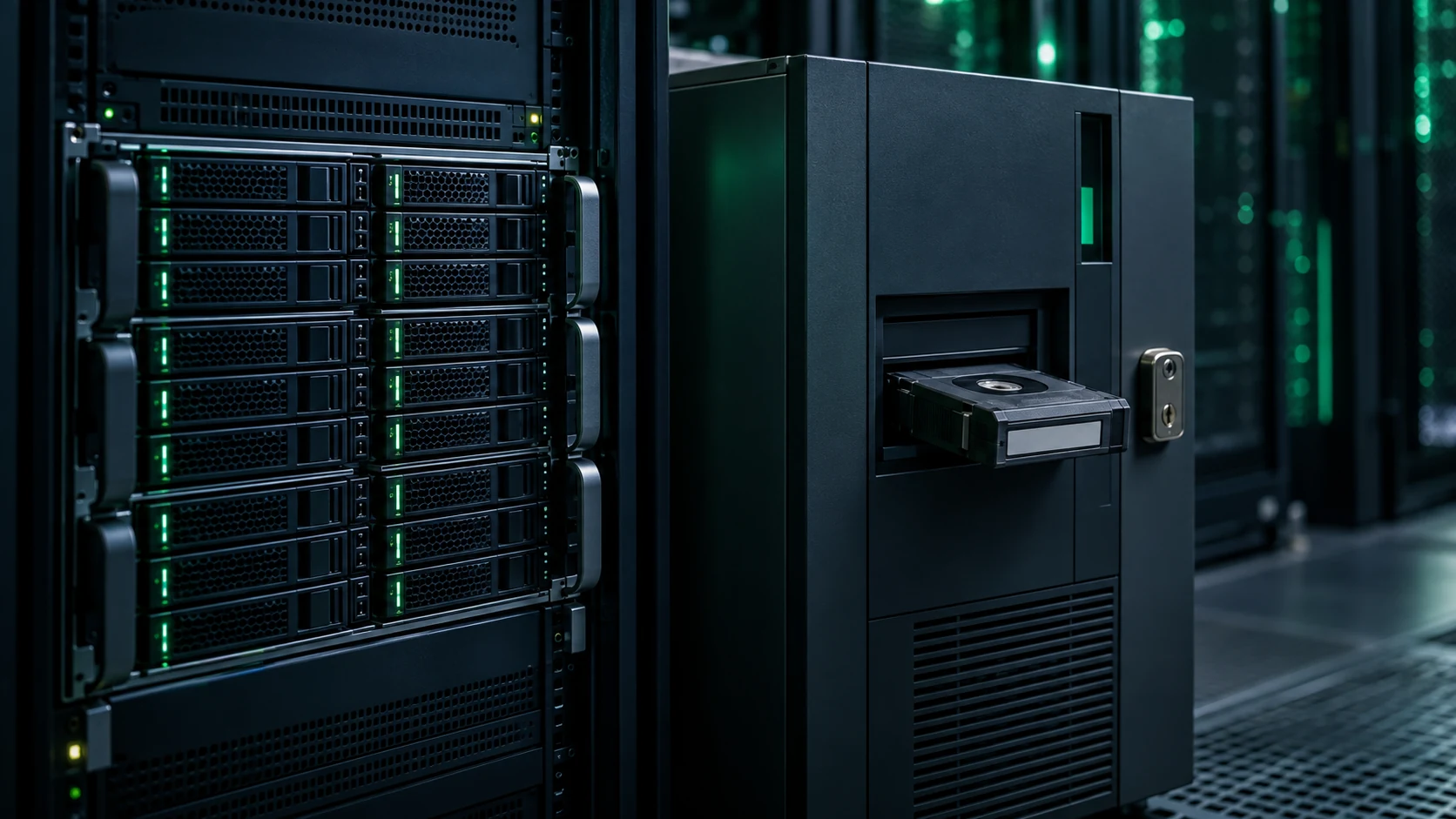 A modern disk array beside a physically different tape library with a half-ejected cartridge in a dim server room